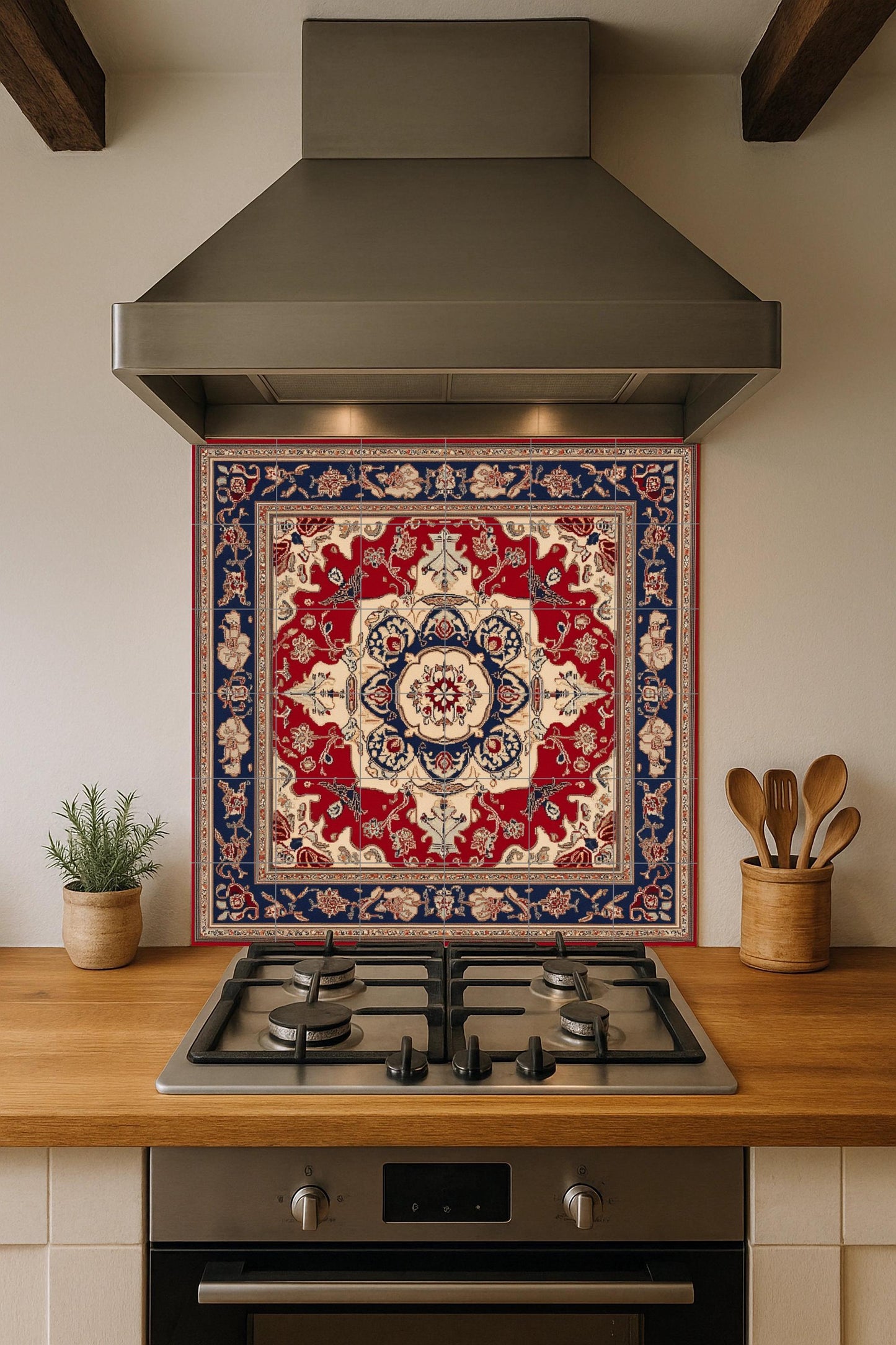 Azerbaijani ceramic mural with ornamental medallion and decorative tiles in deep red and indigo, mural art with traditional motifs.