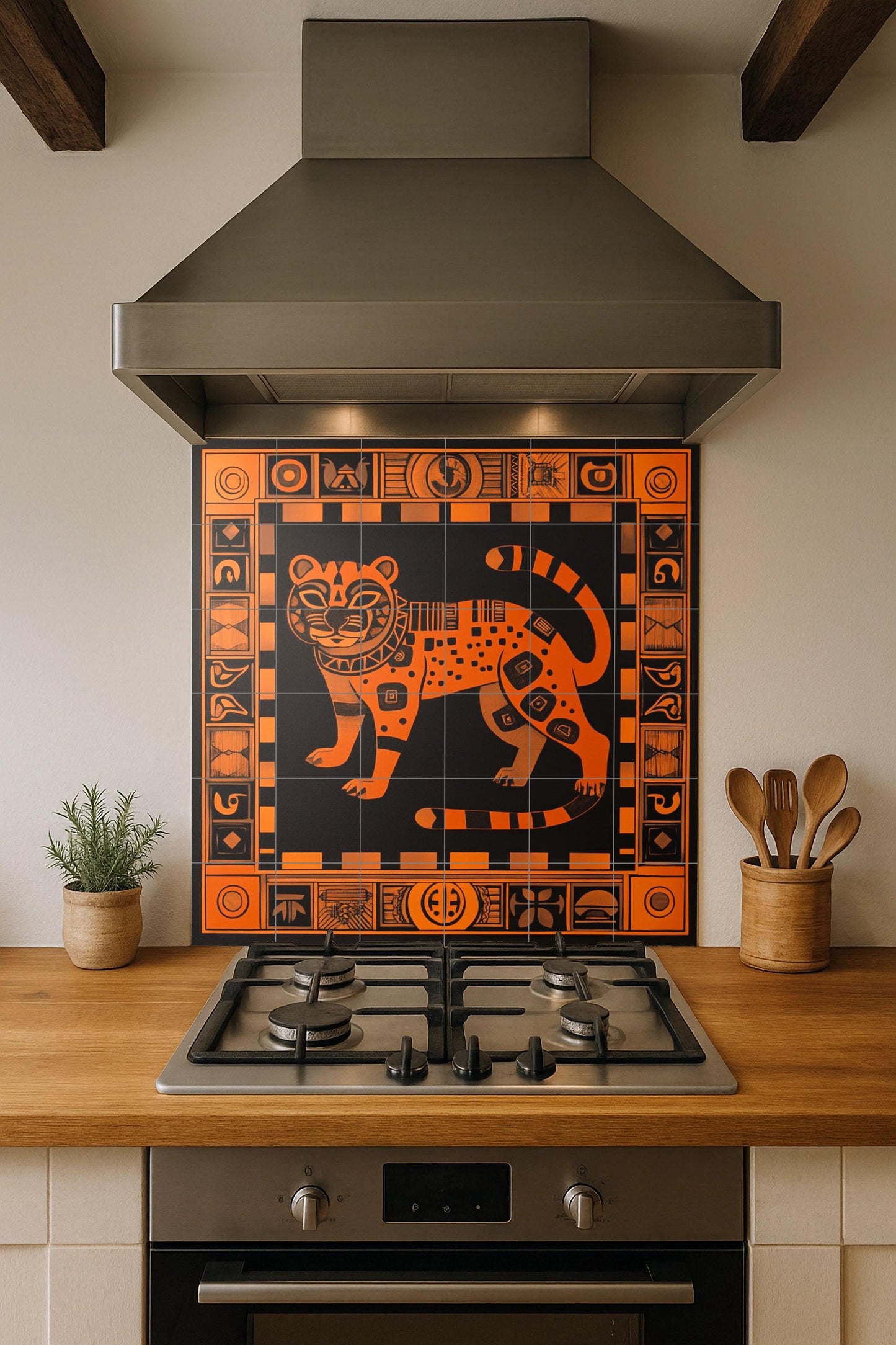 Aztec jaguar ceramic mural in burnt orange and black, tribal geometric mural art, mythical feline tiles with decorative symbolic border.