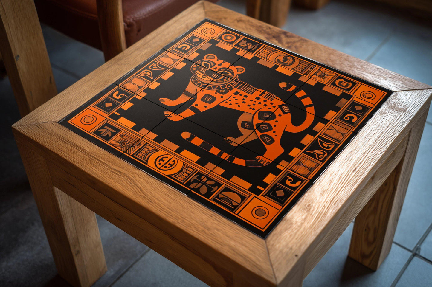 Aztec jaguar ceramic mural in burnt orange and black, tribal geometric mural art, mythical feline tiles with decorative symbolic border.