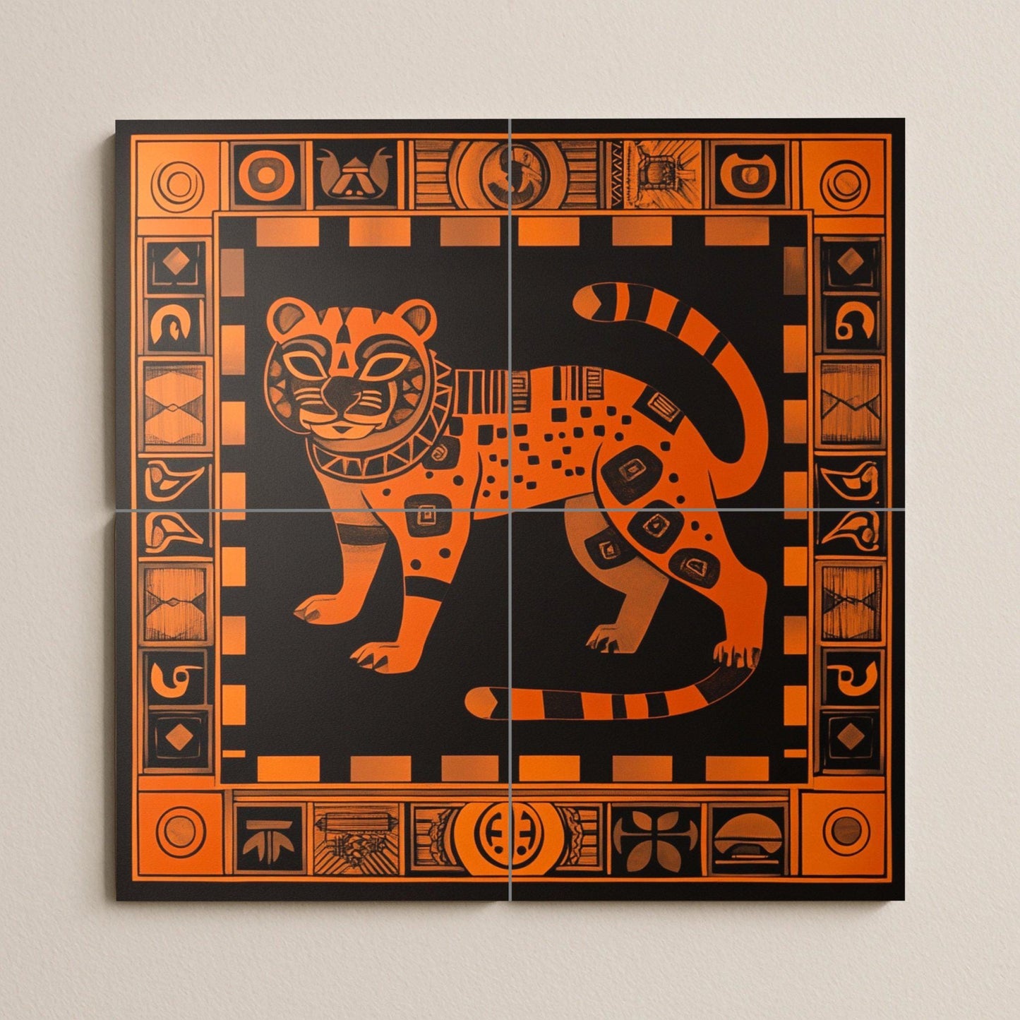 Aztec jaguar ceramic mural in burnt orange and black, tribal geometric mural art, mythical feline tiles with decorative symbolic border.