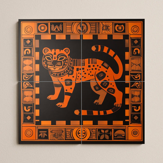 Aztec jaguar ceramic mural in burnt orange and black, tribal geometric mural art, mythical feline tiles with decorative symbolic border.