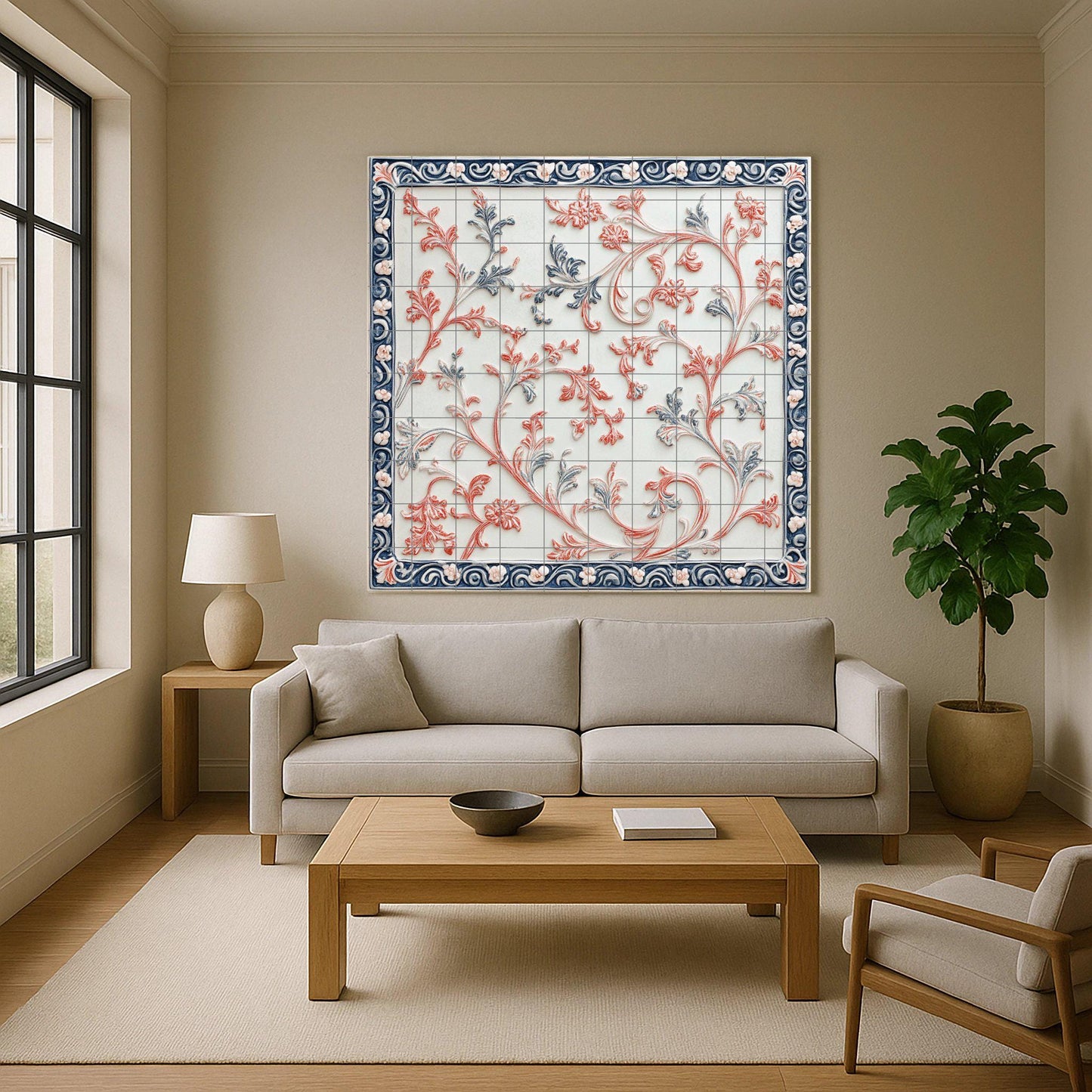 Elegant ceramic mural with botanical scrolls, artistic floral wall art, decorative tiles for interior design and timeless decoration.