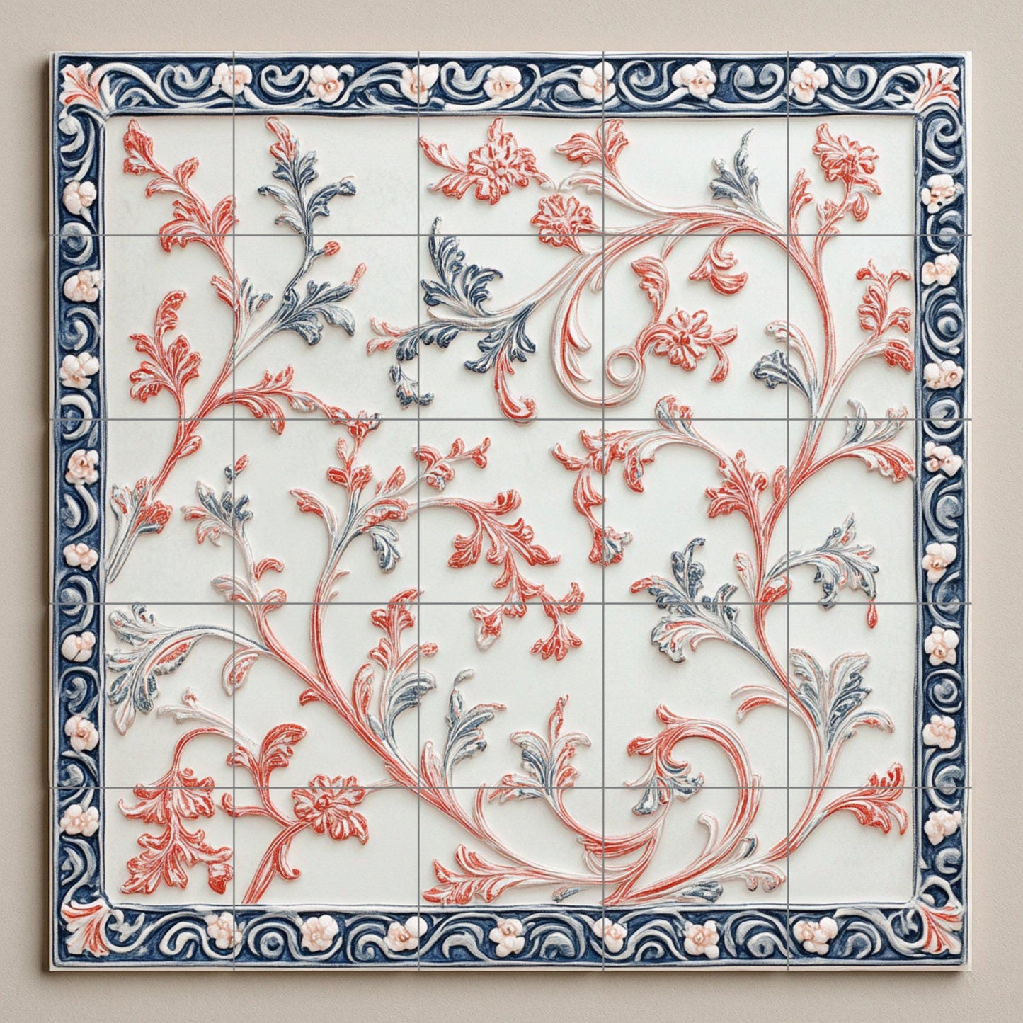 Elegant ceramic mural with botanical scrolls, artistic floral wall art, decorative tiles for interior design and timeless decoration.