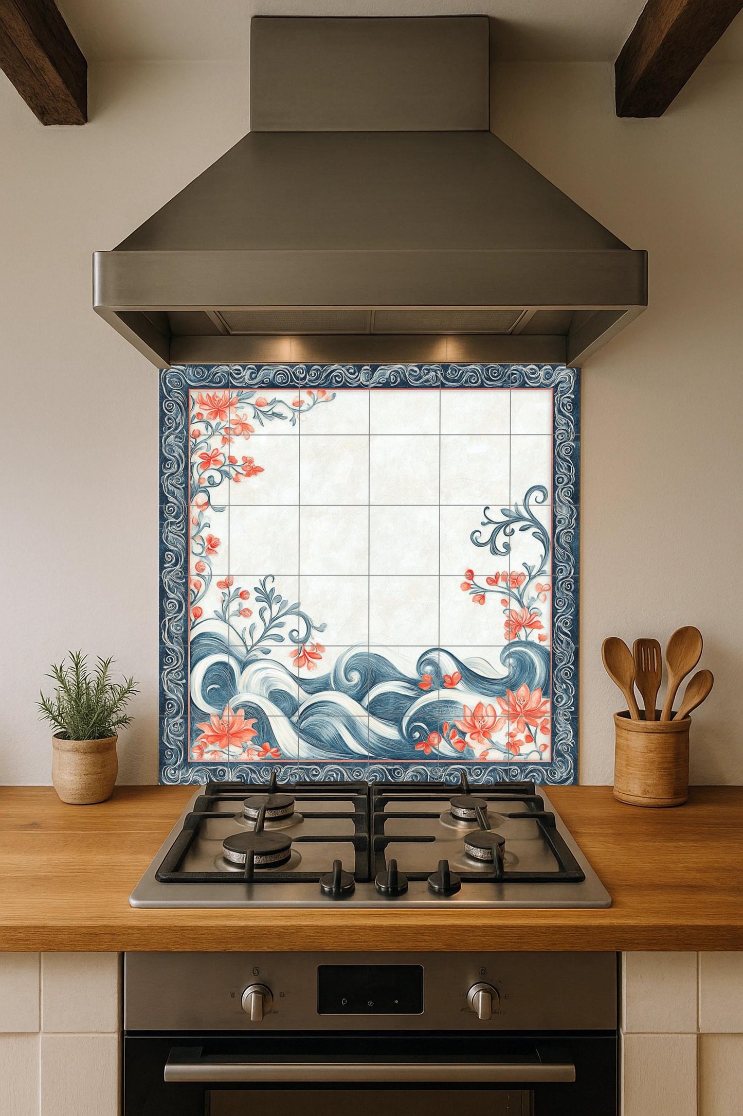 Ceramic mural with motifs of Bahraini pearls, coral flowers, sea waves, calligraphic borders and artisanal elegance.
