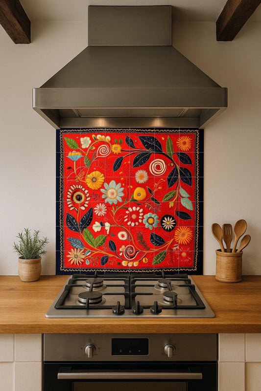 Deep red ceramic mural with botanical swirls, spiraling flowers, golden flowers and a decorative artistic touch.