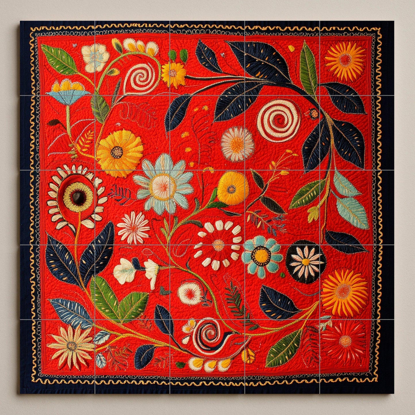 Deep red ceramic mural with botanical swirls, spiraling flowers, golden flowers and a decorative artistic touch.
