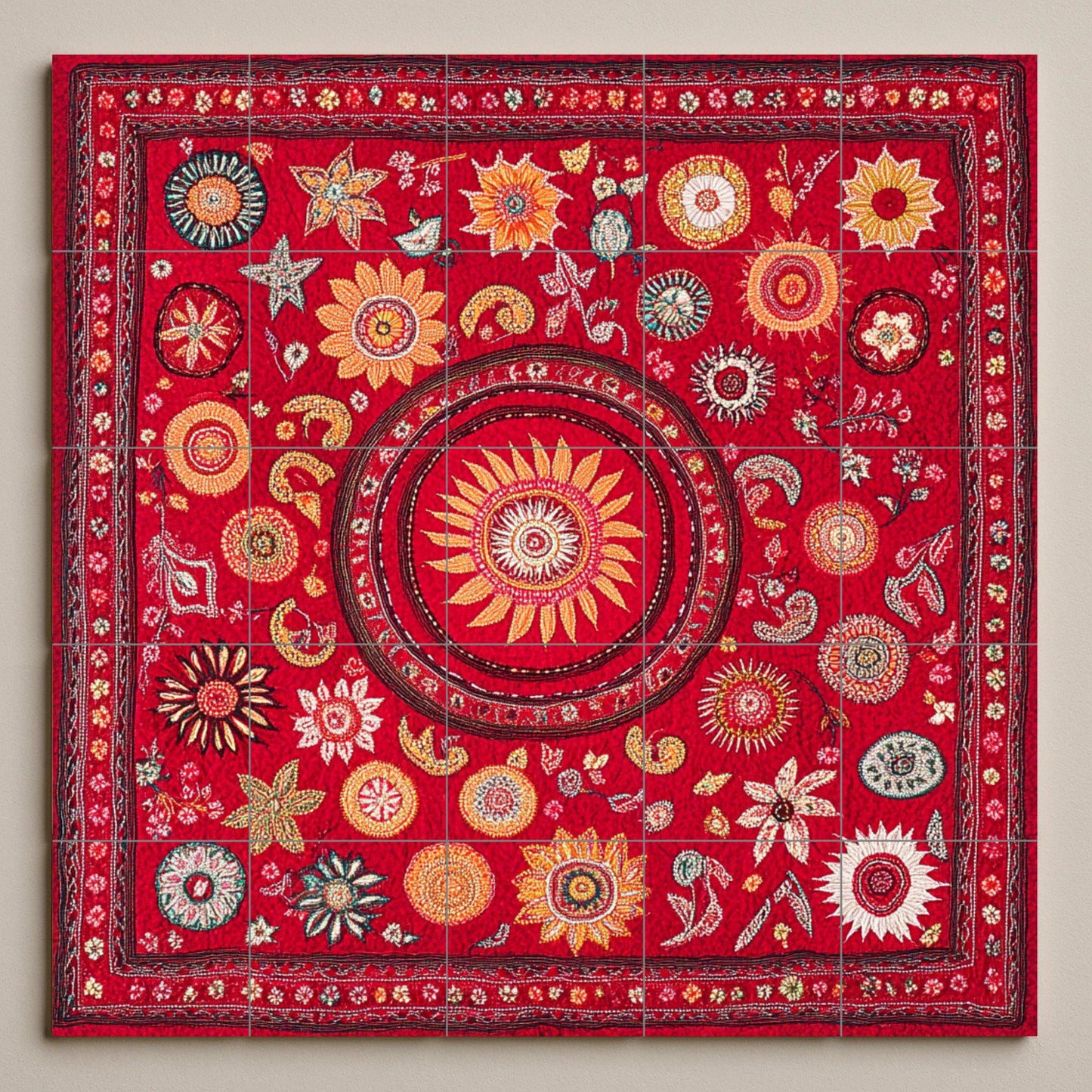 Ceramic mural: design inspired by Bangladeshi culture, featuring a radiant sun, geometric floral symbols, and heritage patterns of the city.