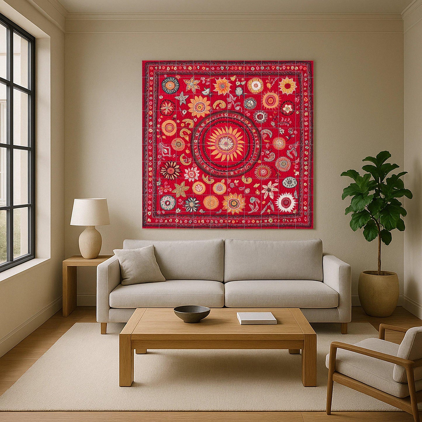 Ceramic mural: design inspired by Bangladeshi culture, featuring a radiant sun, geometric floral symbols, and heritage patterns of the city.