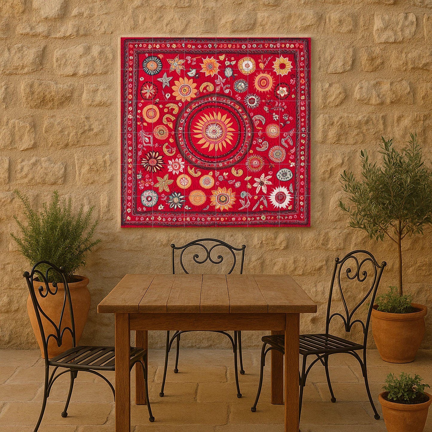 Ceramic mural: design inspired by Bangladeshi culture, featuring a radiant sun, geometric floral symbols, and heritage patterns of the city.