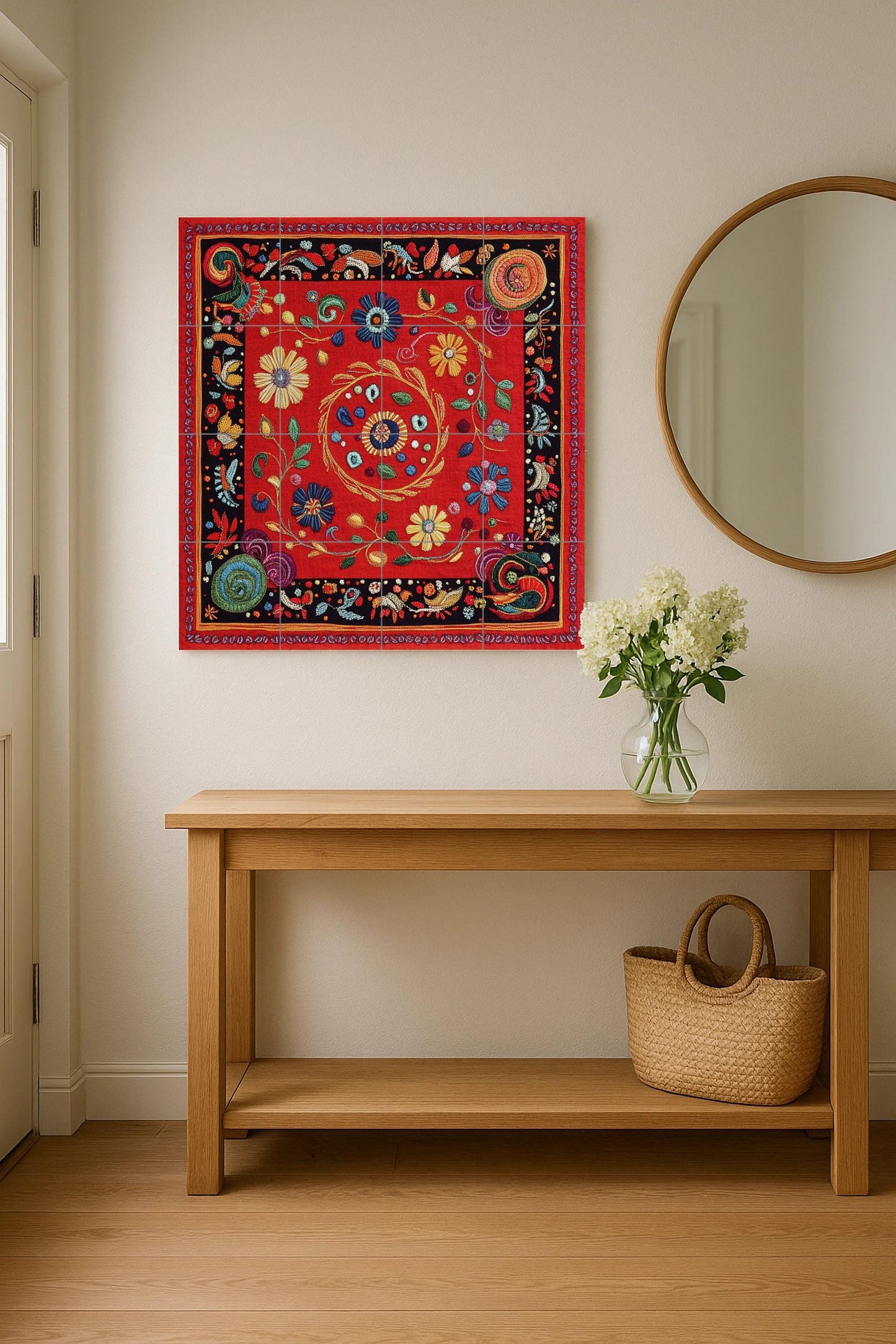 Ceramic mural: floral design inspired by the Nakshi Kantha of Bangladesh, red embroidered motifs with spirals and traditional stitch border.