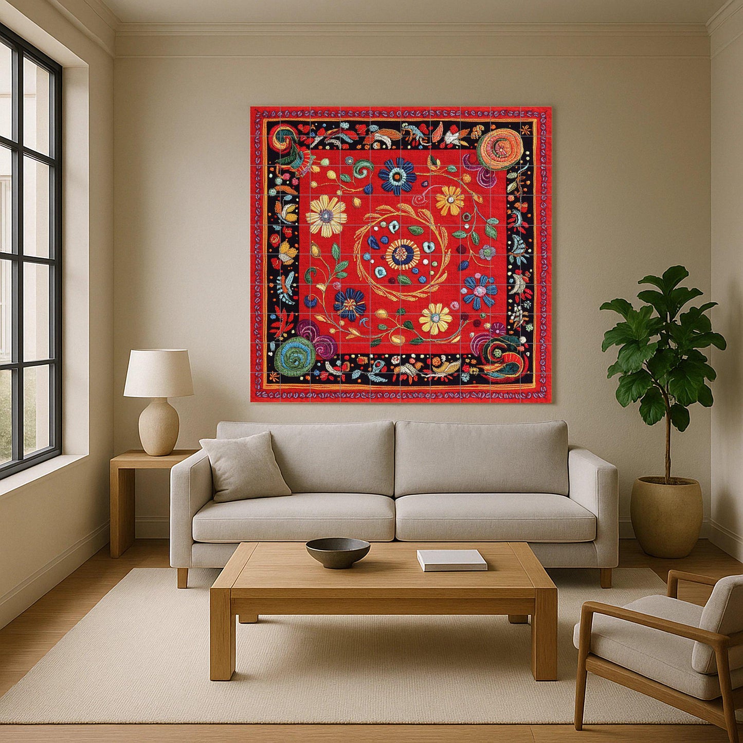 Ceramic mural: floral design inspired by the Nakshi Kantha of Bangladesh, red embroidered motifs with spirals and traditional stitch border.
