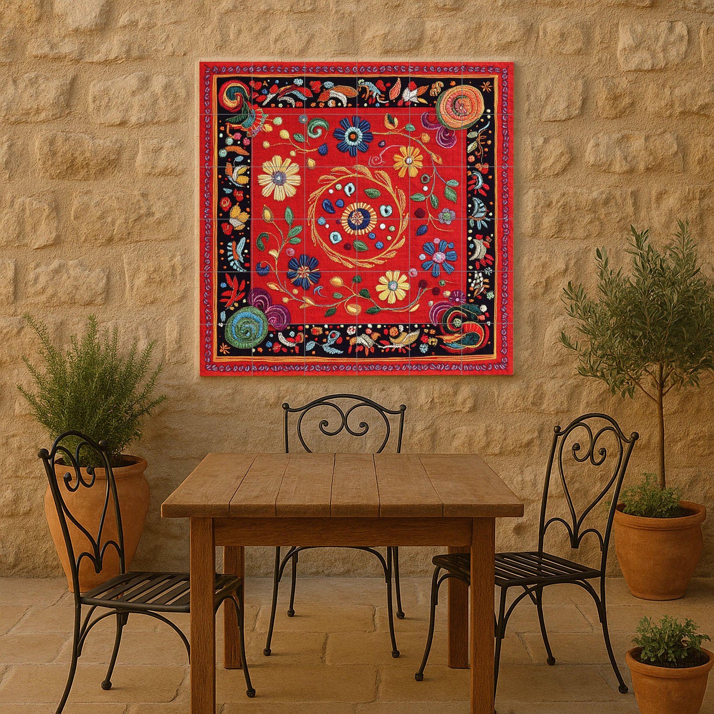 Ceramic mural: floral design inspired by the Nakshi Kantha of Bangladesh, red embroidered motifs with spirals and traditional stitch border.