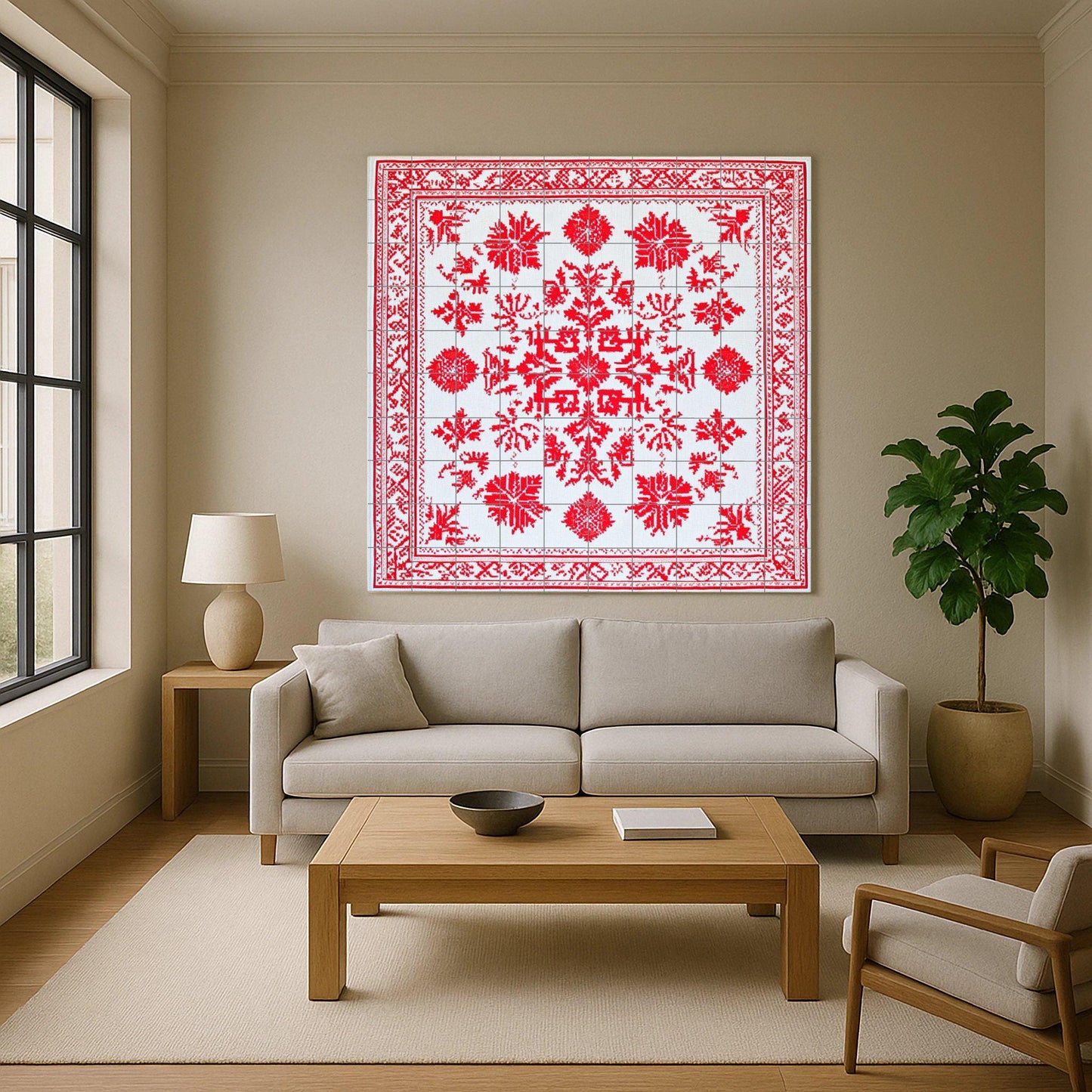 Ceramic mural: design inspired by red geometric embroidery, traditional urban motifs with ornamental borders on white tiles.