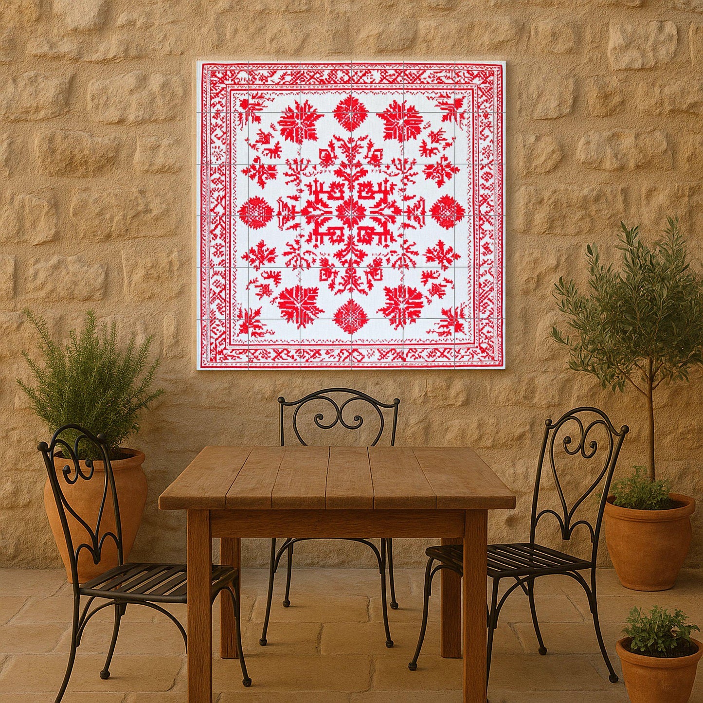 Ceramic mural: design inspired by red geometric embroidery, traditional urban motifs with ornamental borders on white tiles.