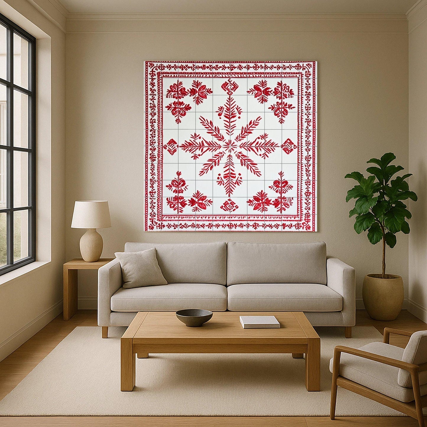 Ceramic mural: design inspired by the Belarusian Vyshyvanka, with red embroidered motifs and a popular geometric pattern on white tiles.