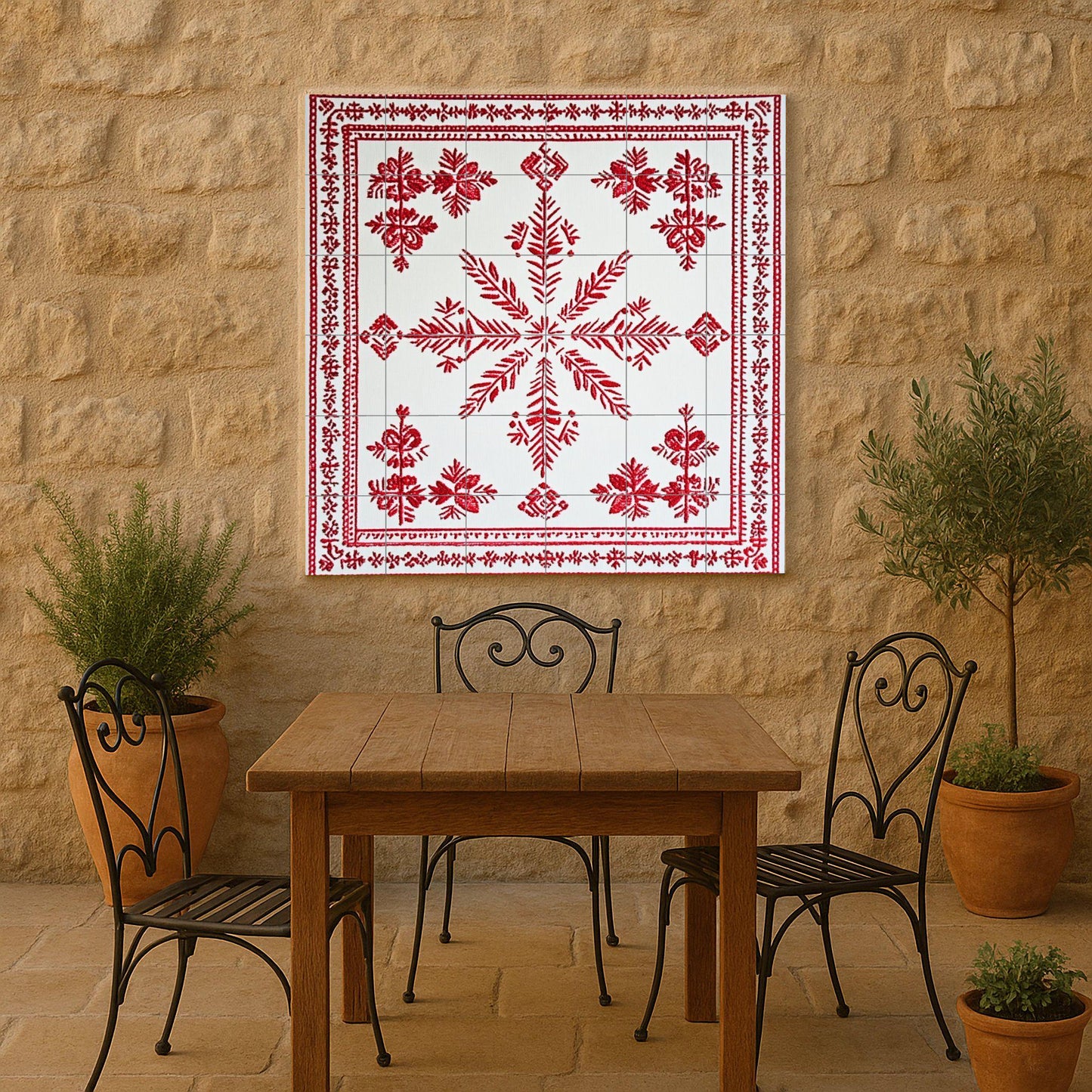 Ceramic mural: design inspired by the Belarusian Vyshyvanka, with red embroidered motifs and a popular geometric pattern on white tiles.