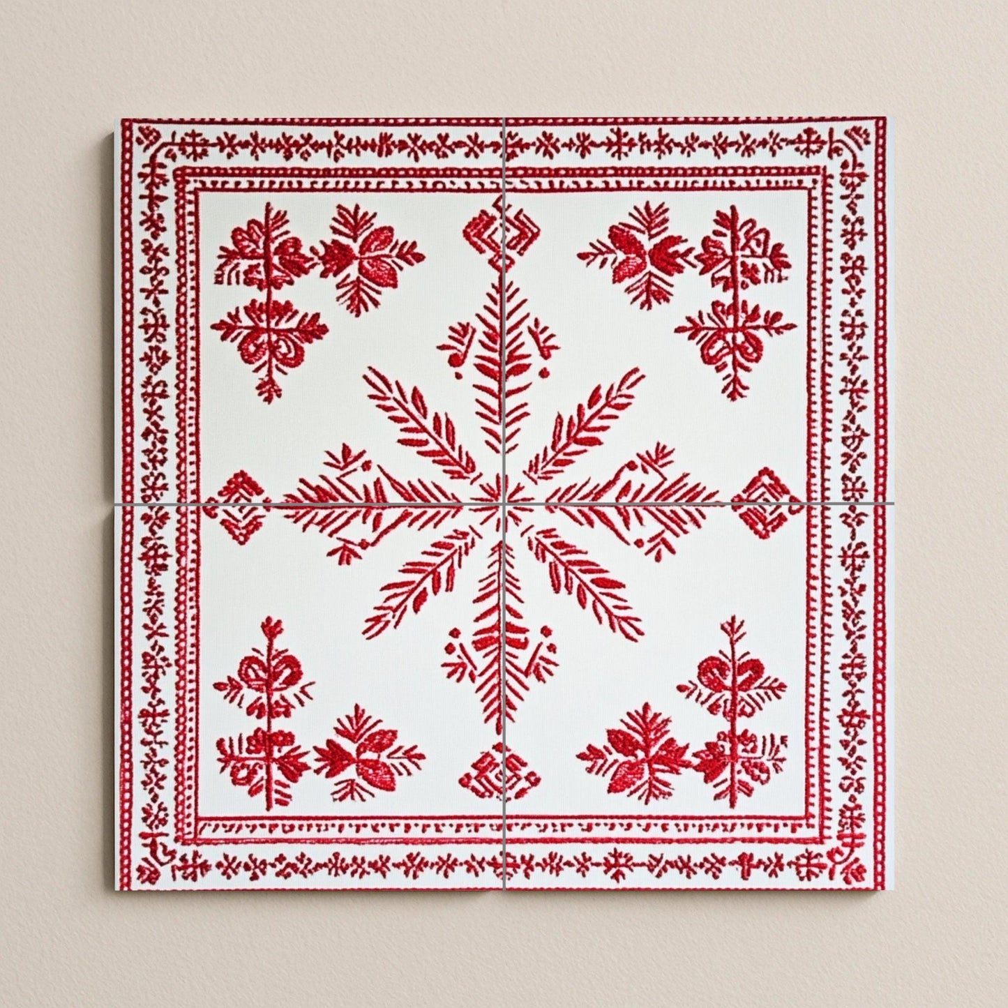 Ceramic mural: design inspired by the Belarusian Vyshyvanka, with red embroidered motifs and a popular geometric pattern on white tiles.