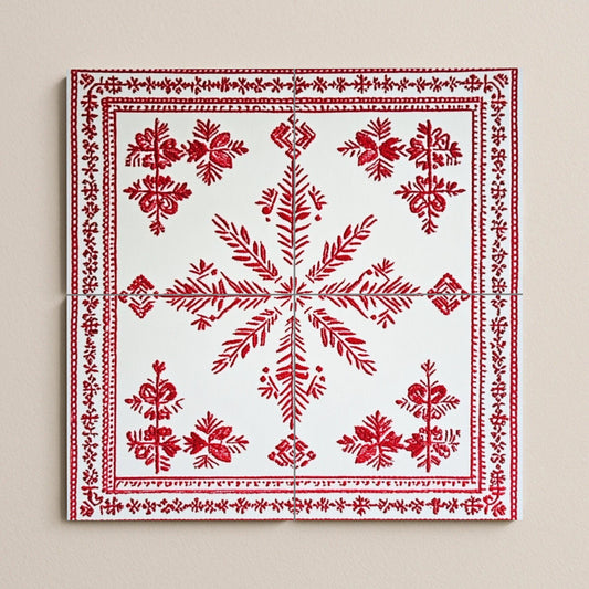 Ceramic mural: design inspired by the Belarusian Vyshyvanka, with red embroidered motifs and a popular geometric pattern on white tiles.