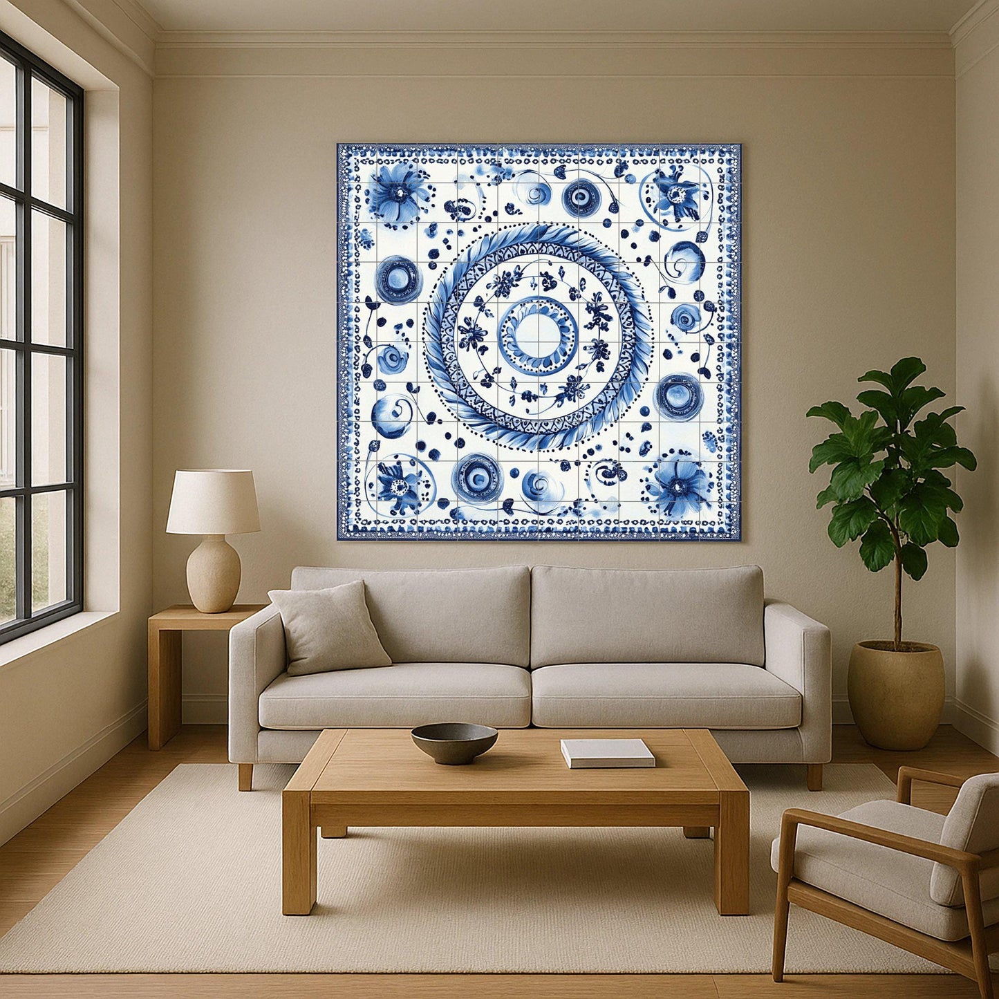 Blue ceramic mural: Bohemian floral spirals and dotted motifs, Modrotisk-inspired design with elegant lace border.