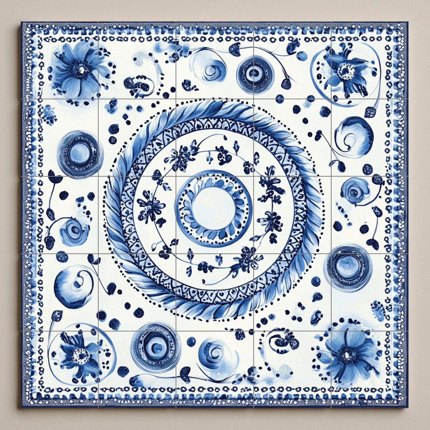 Blue ceramic mural: Bohemian floral spirals and dotted motifs, Modrotisk-inspired design with elegant lace border.