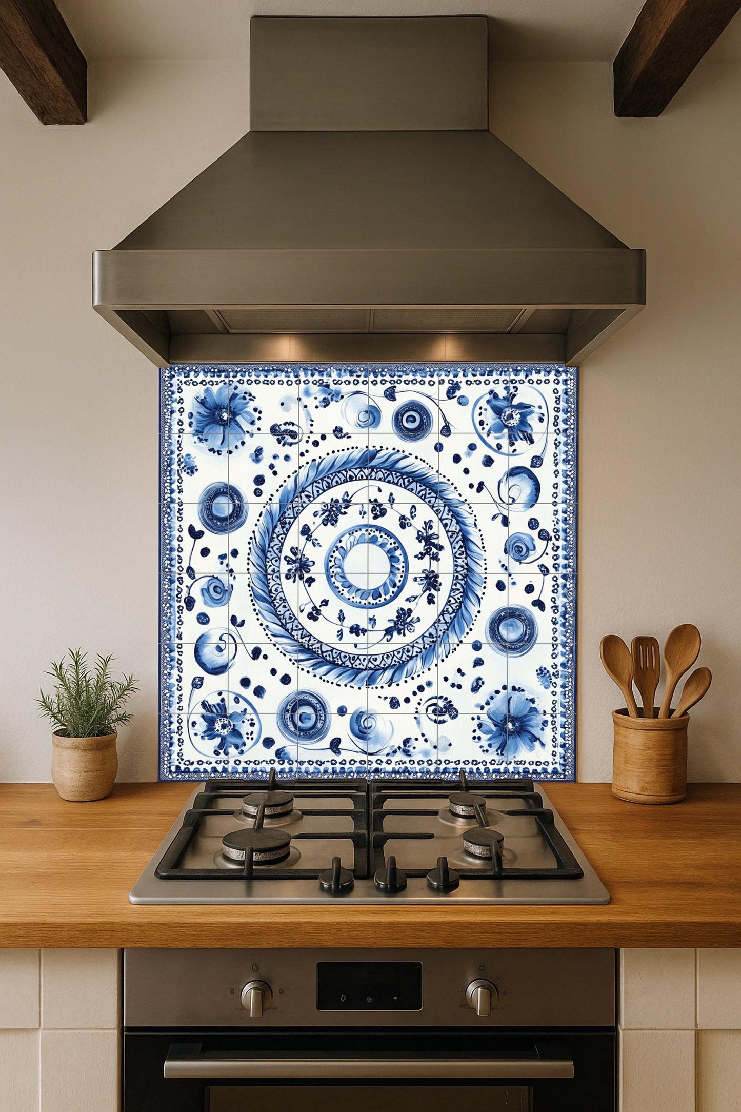 Blue ceramic mural: Bohemian floral spirals and dotted motifs, Modrotisk-inspired design with elegant lace border.