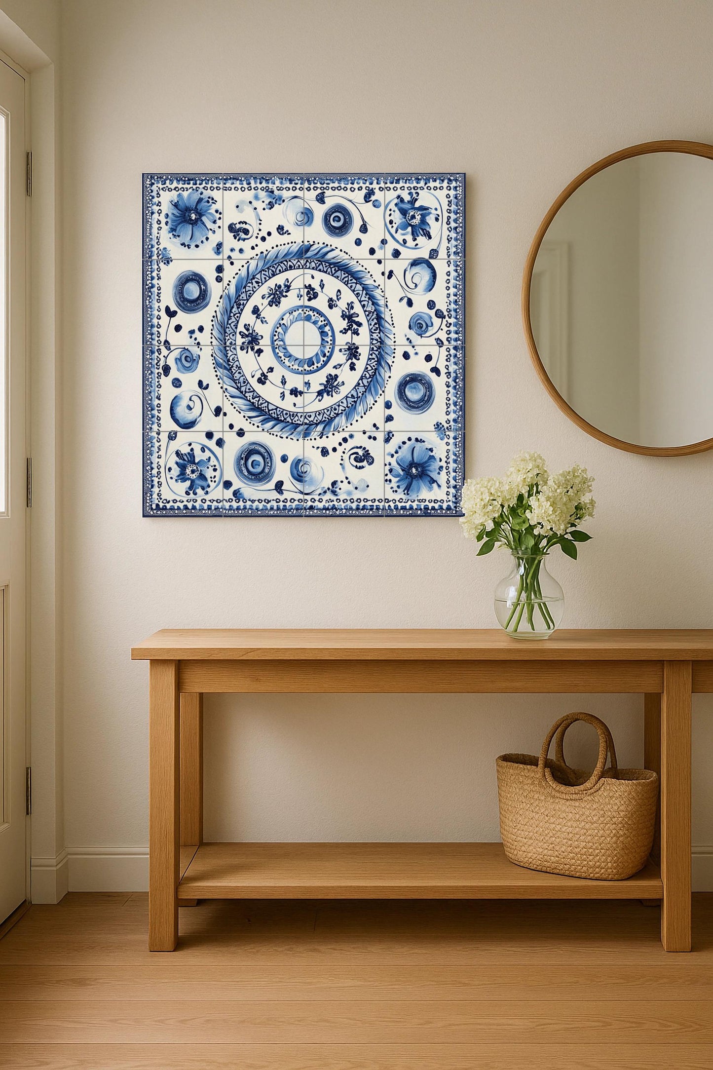 Blue ceramic mural: Bohemian floral spirals and dotted motifs, Modrotisk-inspired design with elegant lace border.