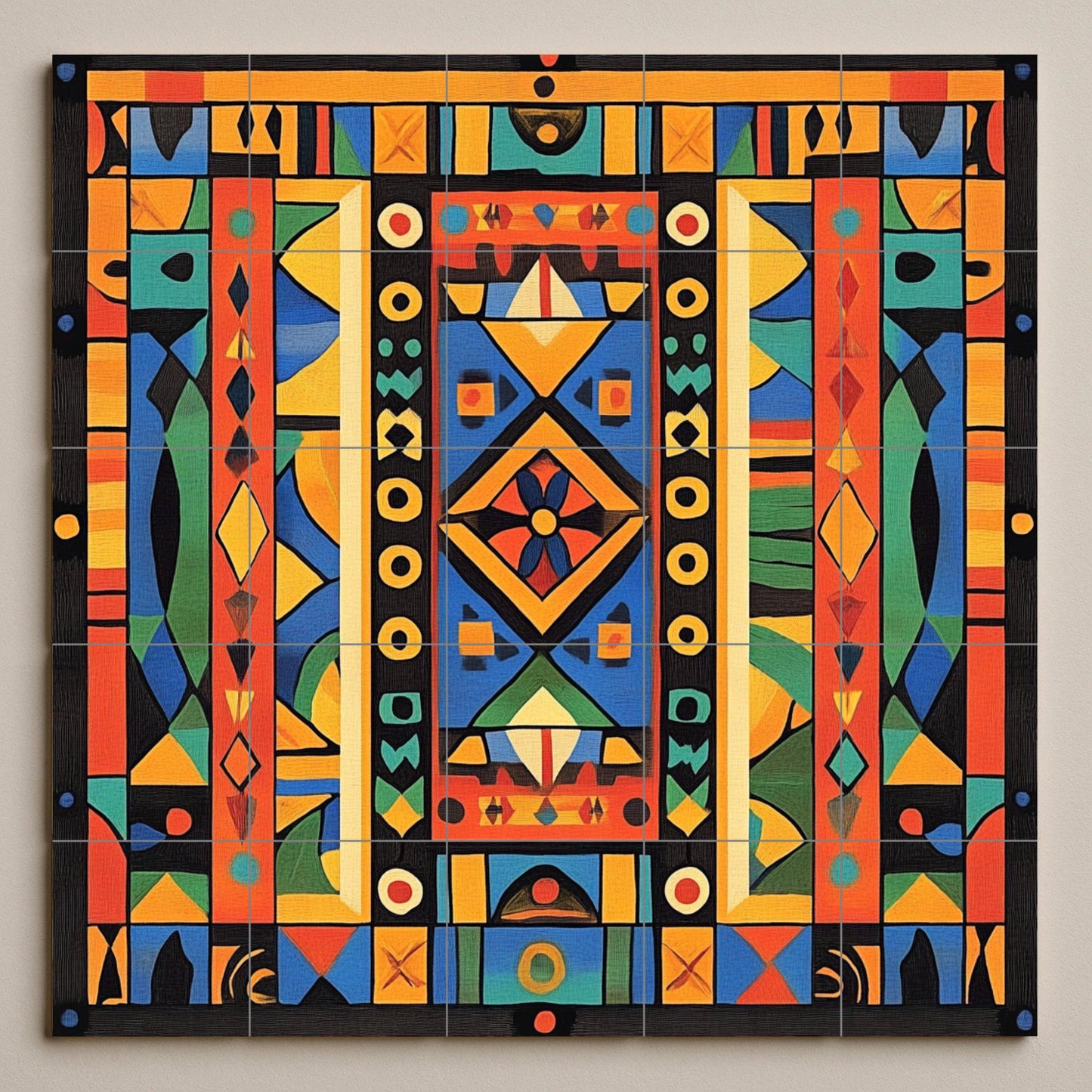 Ceramic mural: vibrant African-inspired geometric design, bold abstract symmetry, decorative artwork with tribal spirit.