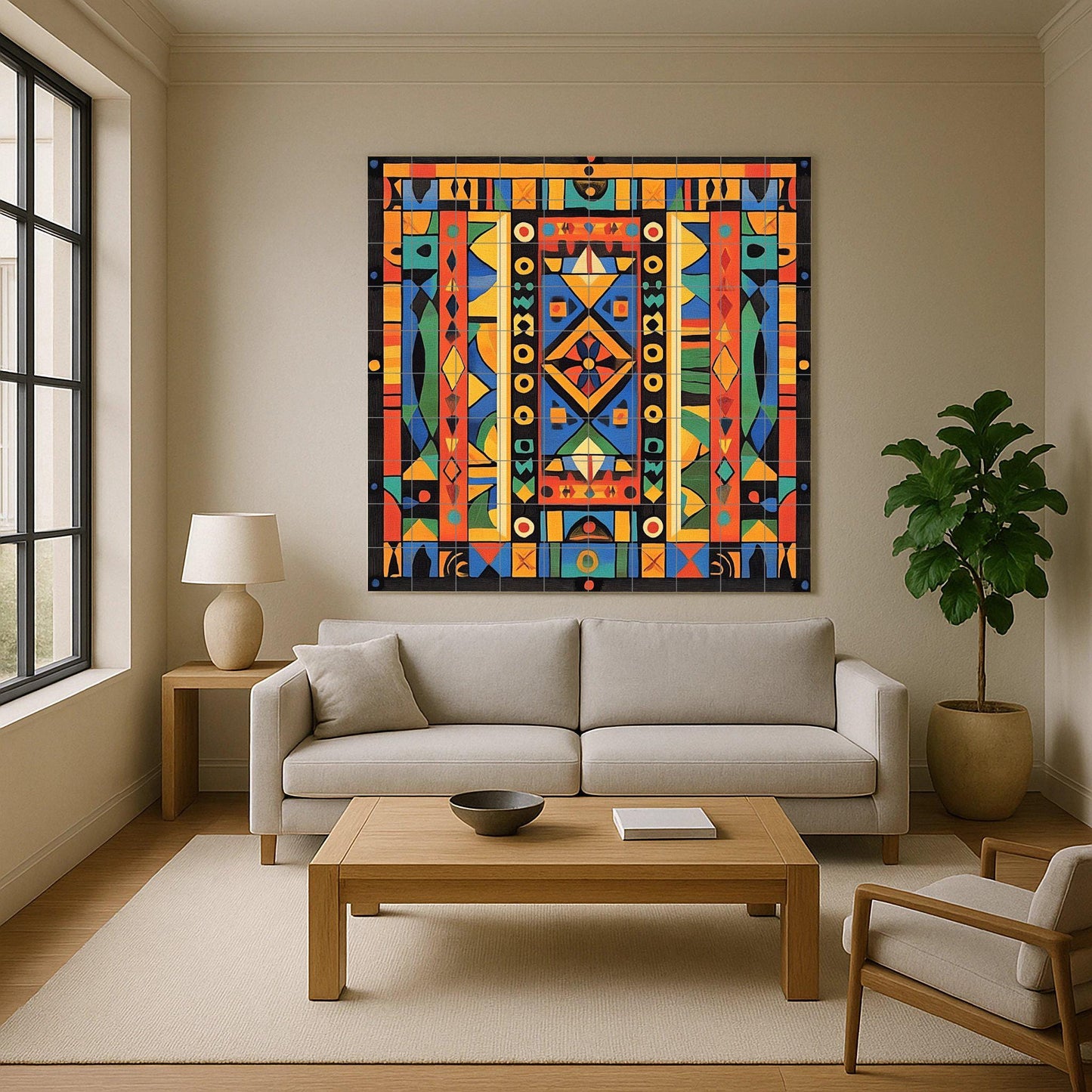 Ceramic mural: vibrant African-inspired geometric design, bold abstract symmetry, decorative artwork with tribal spirit.