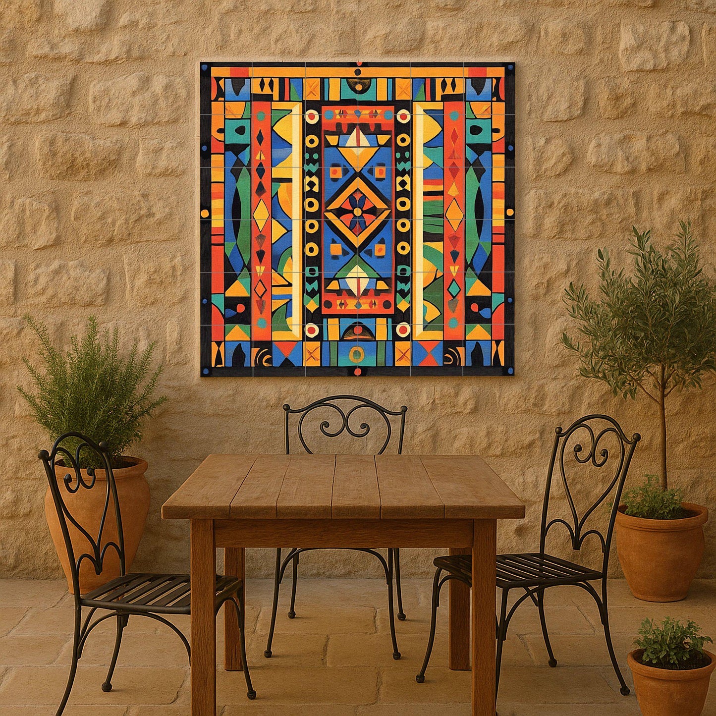 Ceramic mural: vibrant African-inspired geometric design, bold abstract symmetry, decorative artwork with tribal spirit.