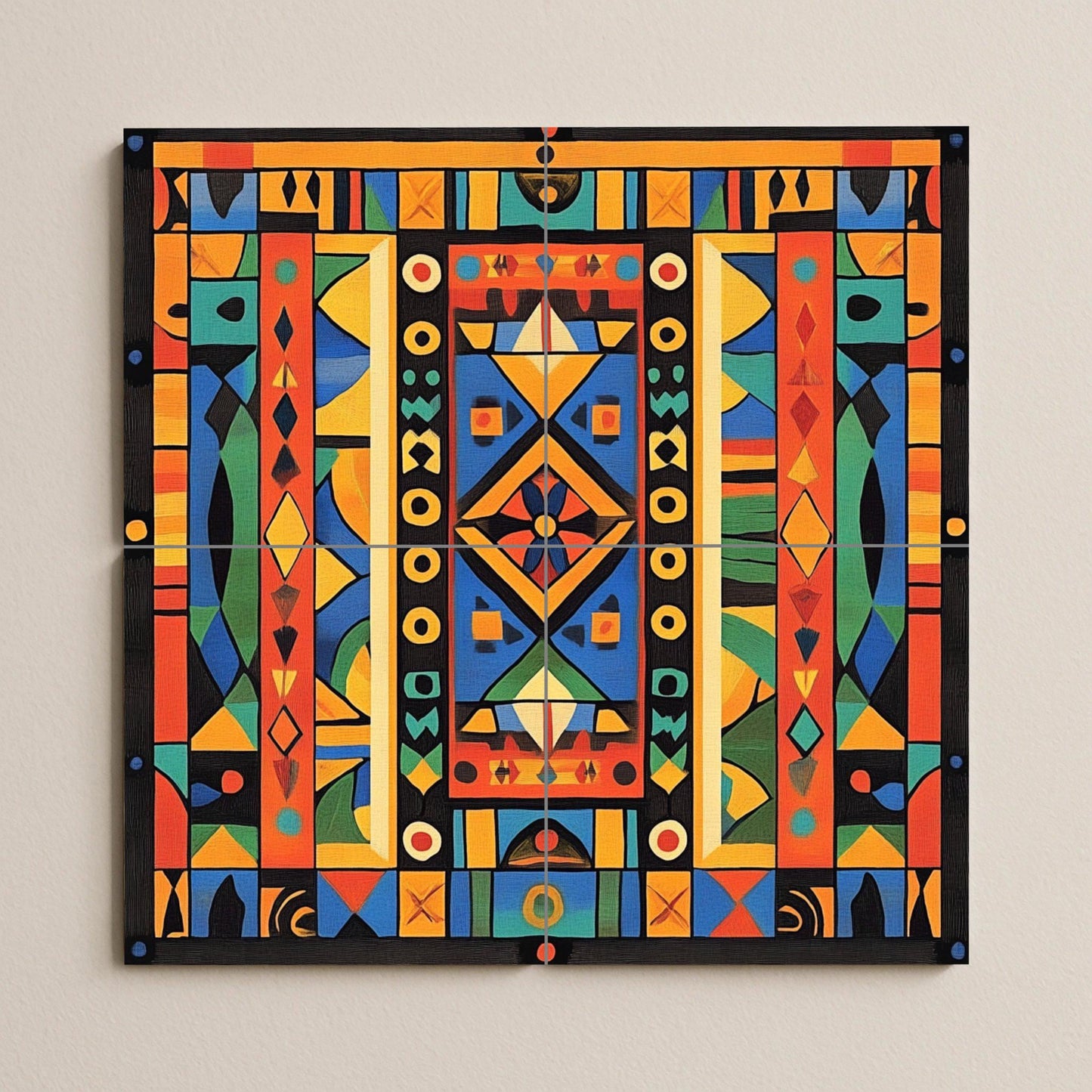Ceramic mural: vibrant African-inspired geometric design, bold abstract symmetry, decorative artwork with tribal spirit.