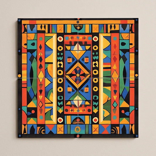 Ceramic mural: vibrant African-inspired geometric design, bold abstract symmetry, decorative artwork with tribal spirit.