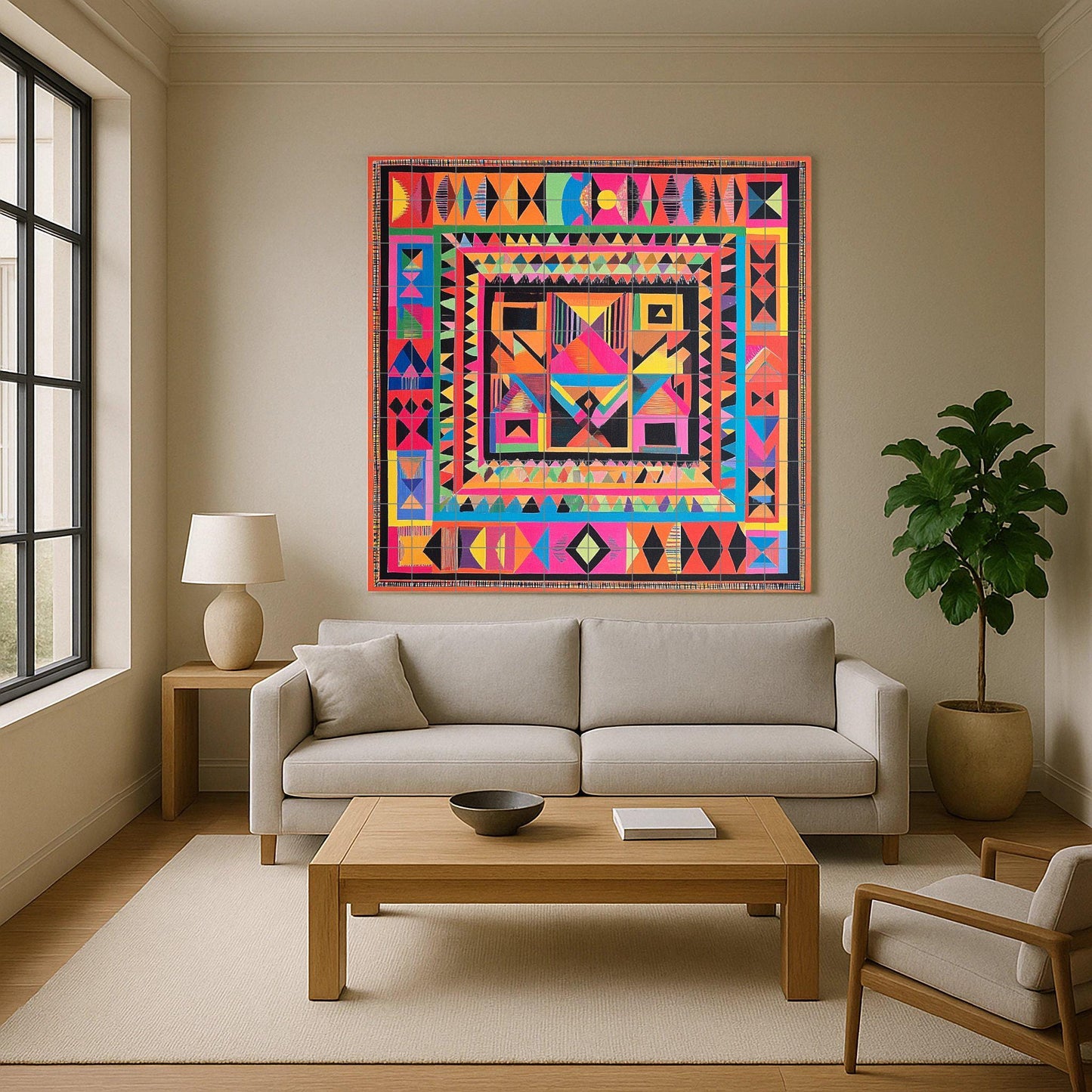 Radiant ceramic wall mural: multicolored geometric design, abstract symmetry, vibrant decorative artwork on tiles for bold interiors.