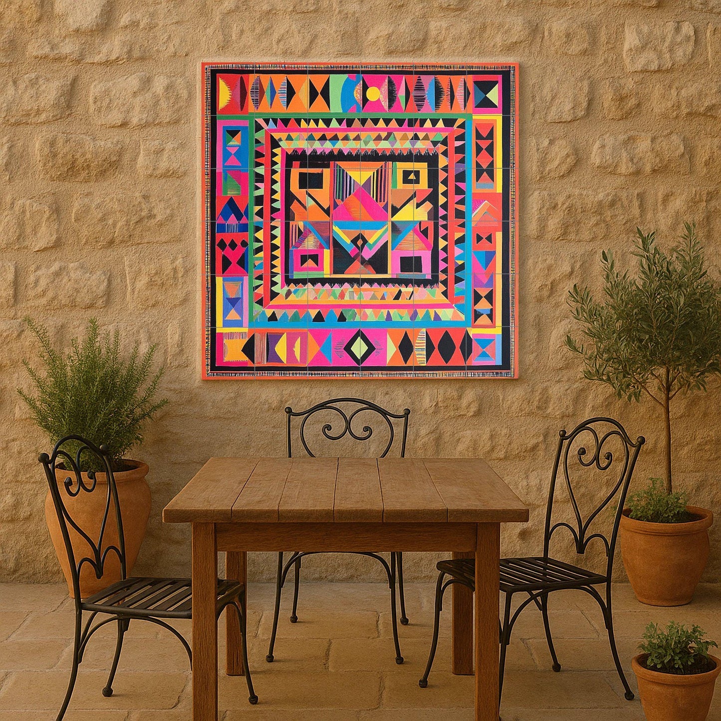 Radiant ceramic wall mural: multicolored geometric design, abstract symmetry, vibrant decorative artwork on tiles for bold interiors.