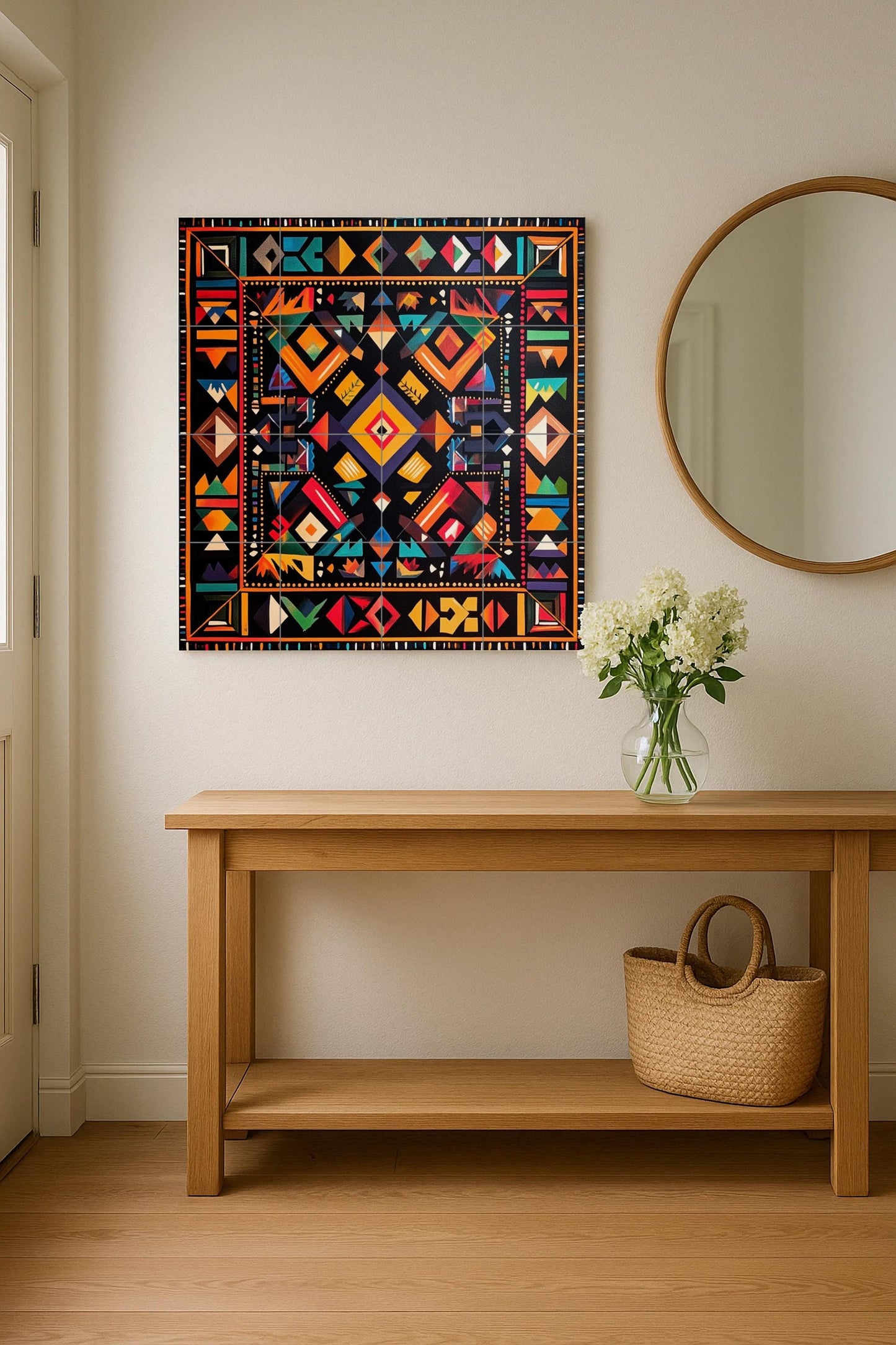 Geometric ceramic wall mural: bold tribal-inspired design, abstract and colorful symmetry, modern decorative artwork.