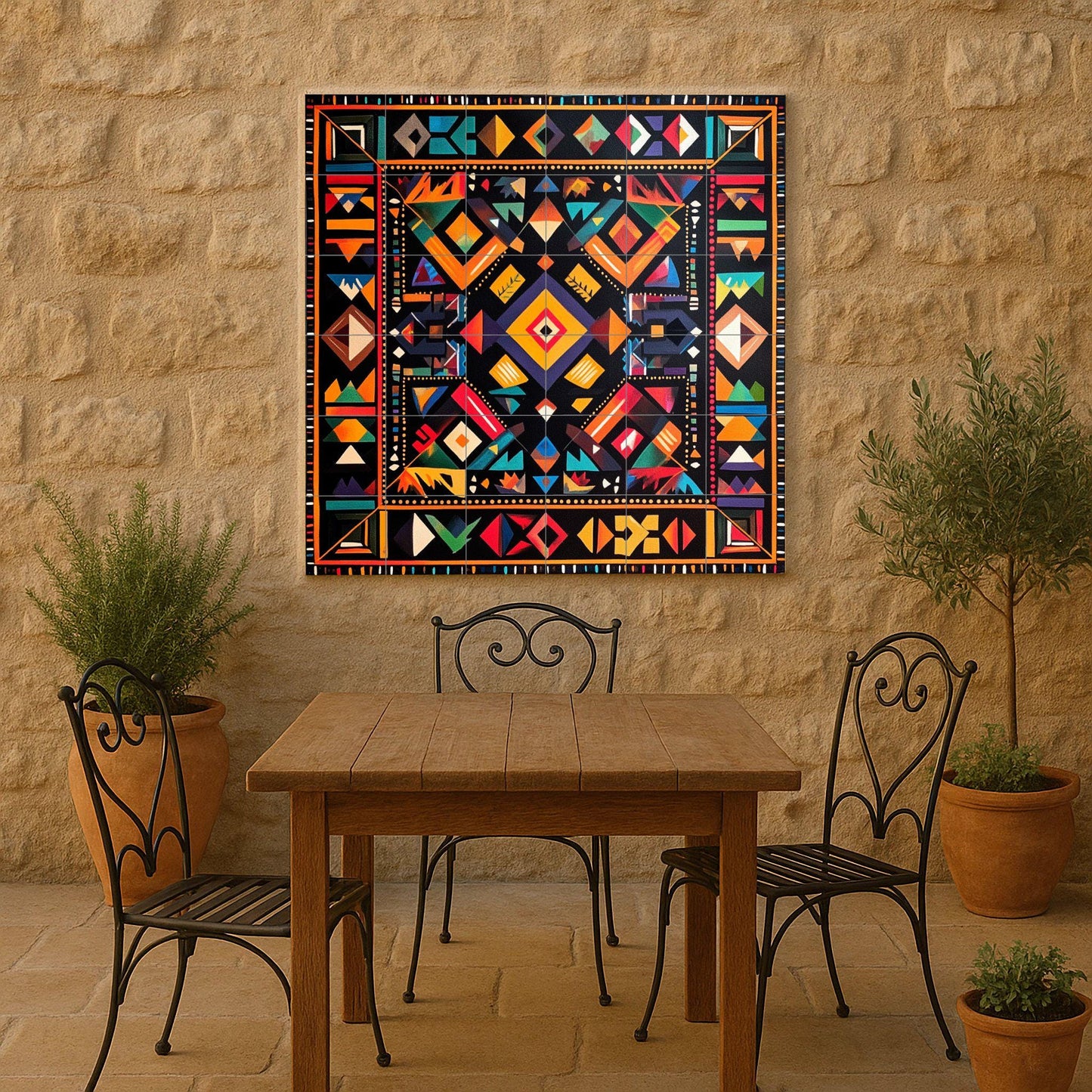 Geometric ceramic wall mural: bold tribal-inspired design, abstract and colorful symmetry, modern decorative artwork.