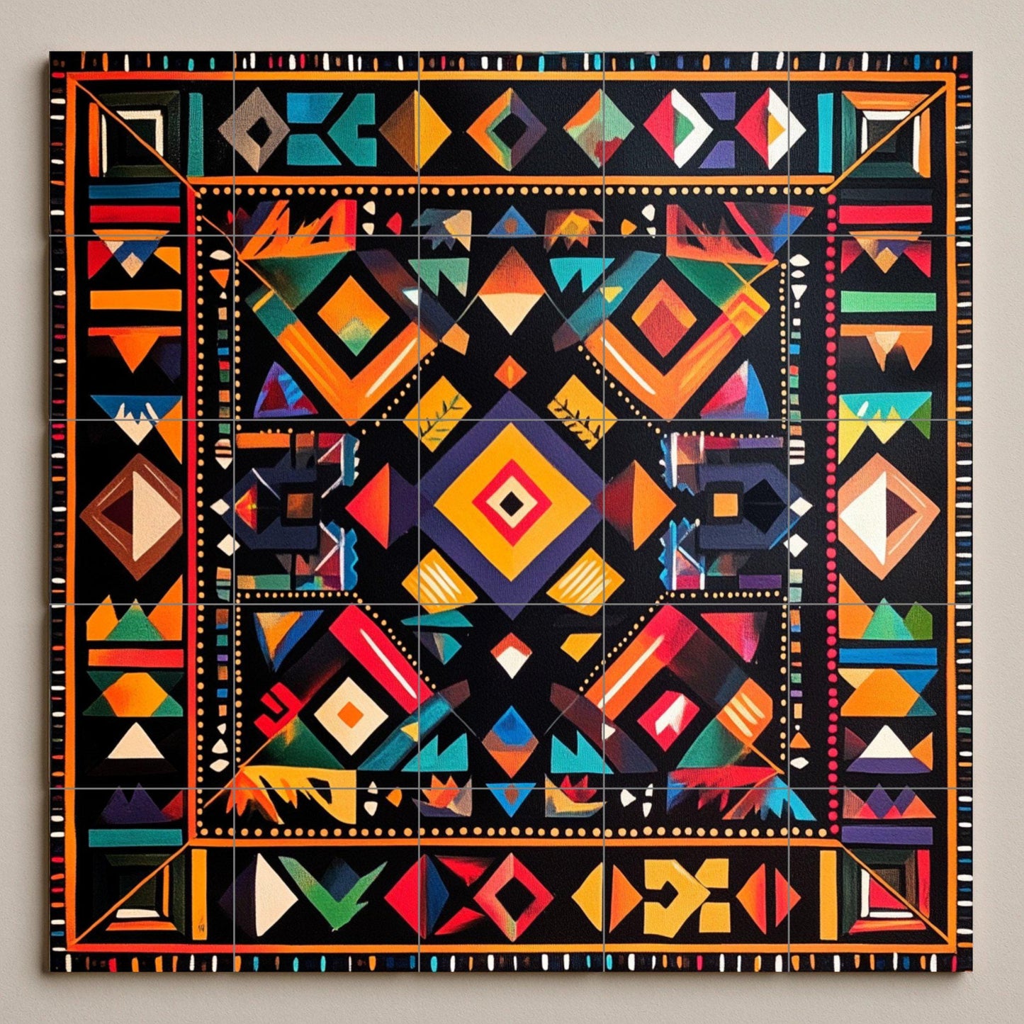 Geometric ceramic wall mural: bold tribal-inspired design, abstract and colorful symmetry, modern decorative artwork.