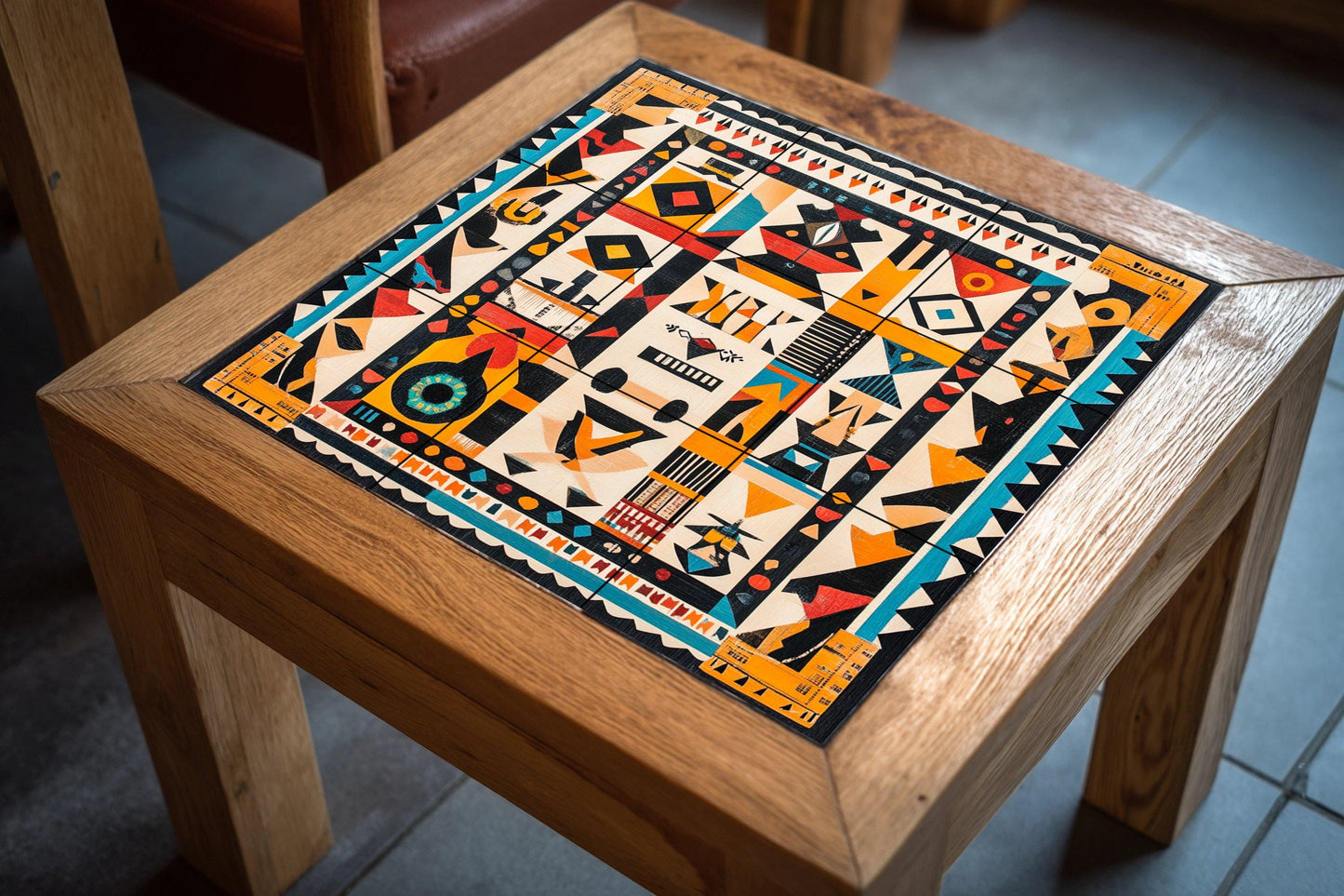 Brazilian indigenous ceramic mural: tribal artwork with geometric motifs and vibrant colors.