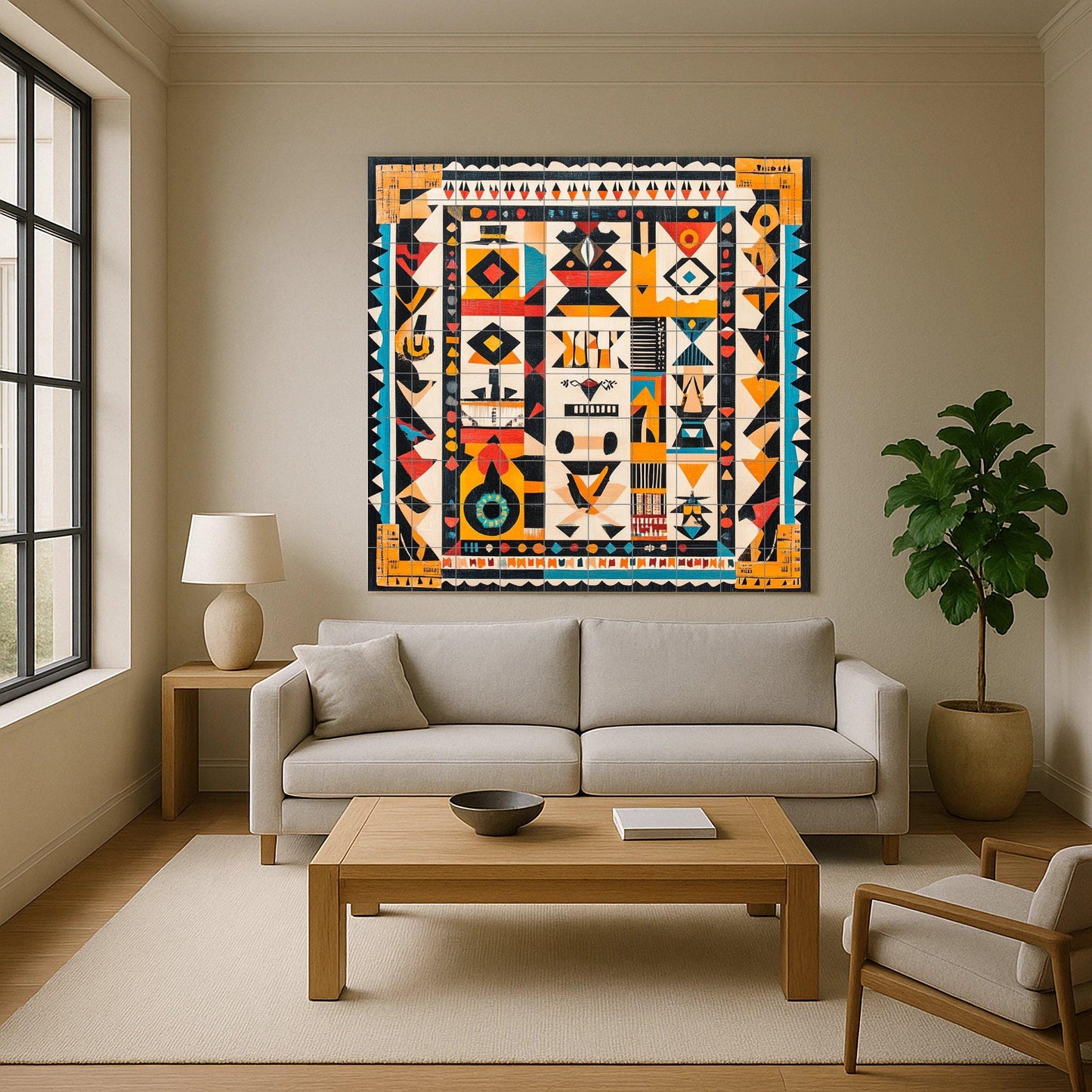 Brazilian indigenous ceramic mural: tribal artwork with geometric motifs and vibrant colors.