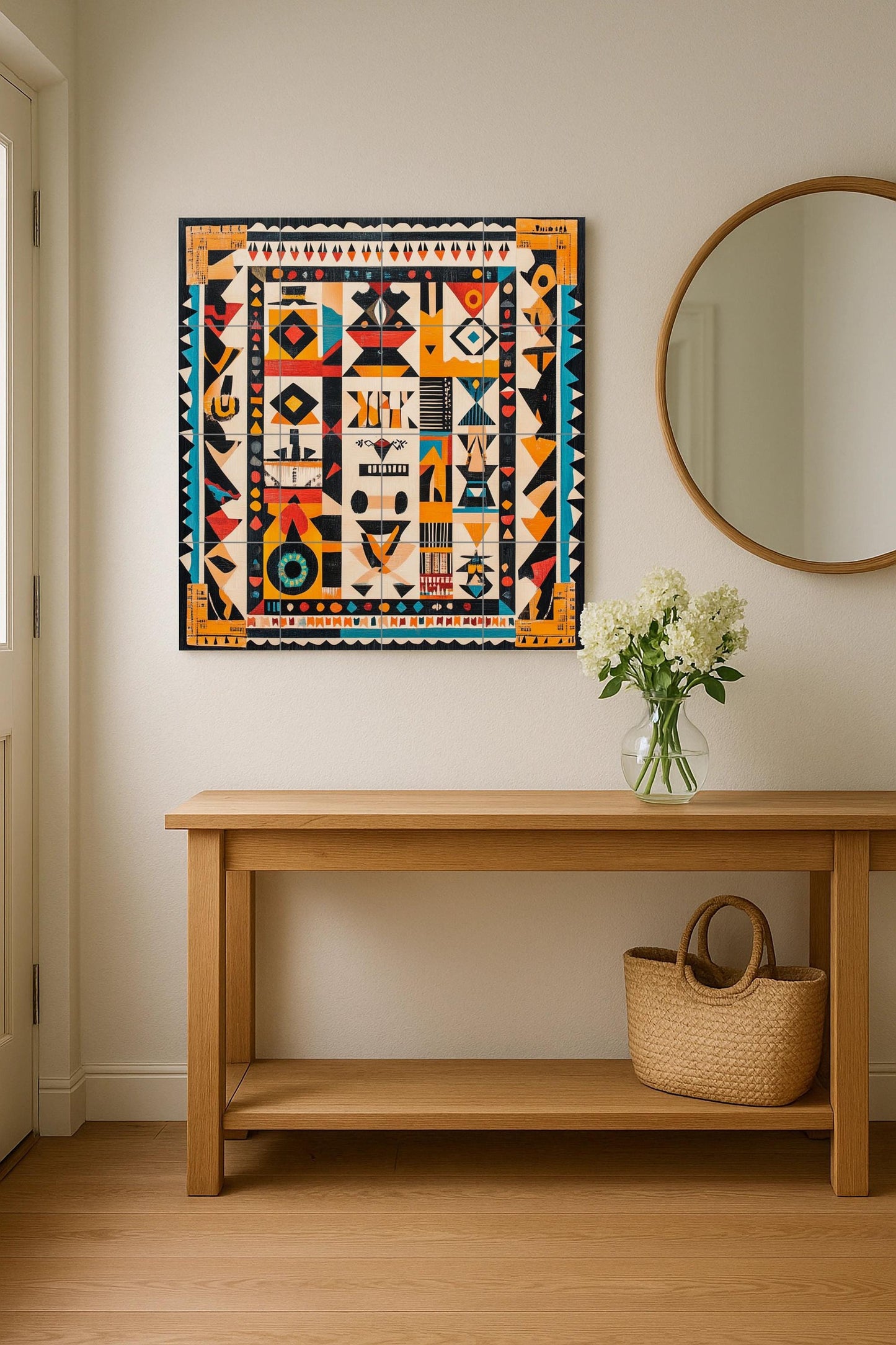 Brazilian indigenous ceramic mural: tribal artwork with geometric motifs and vibrant colors.