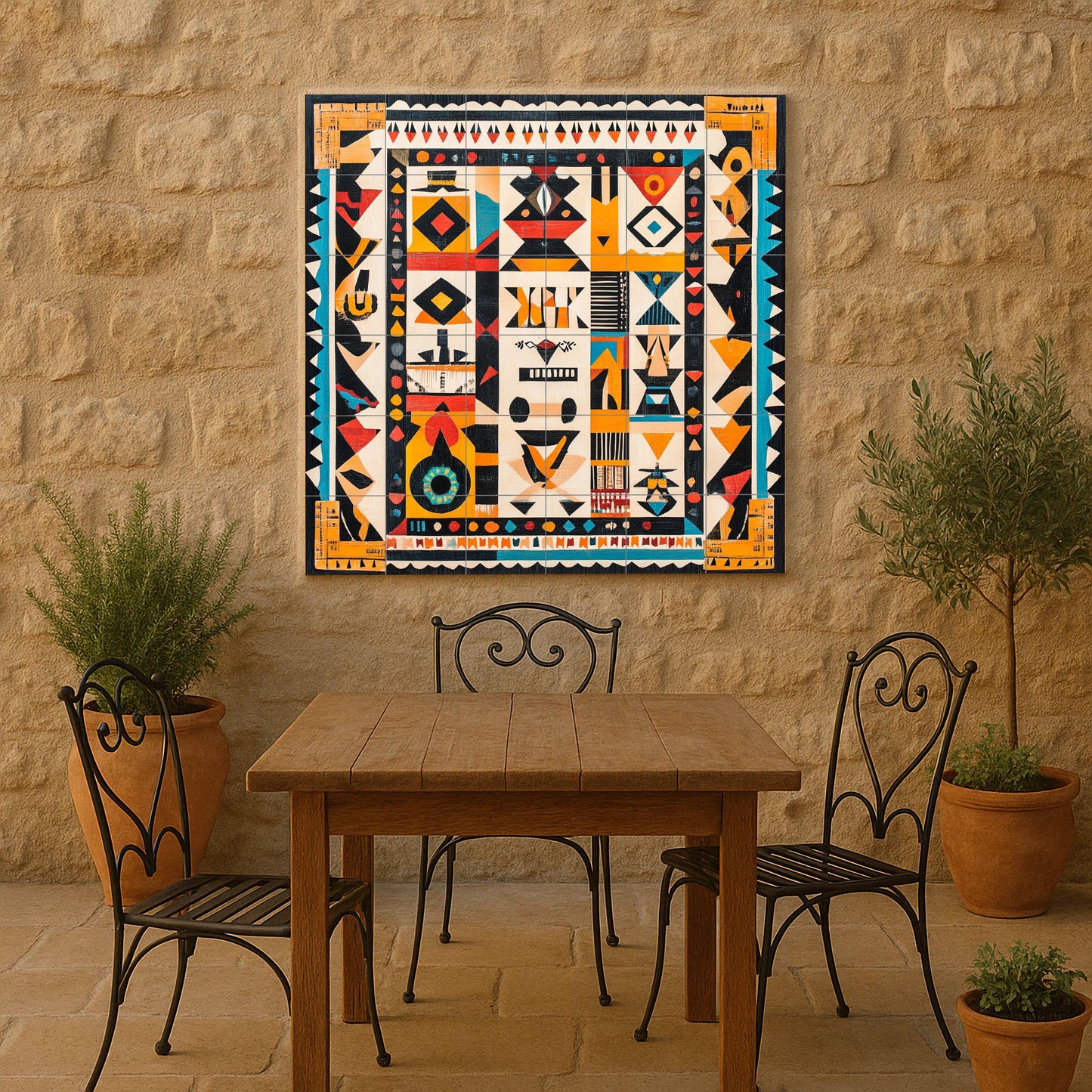Brazilian indigenous ceramic mural: tribal artwork with geometric motifs and vibrant colors.