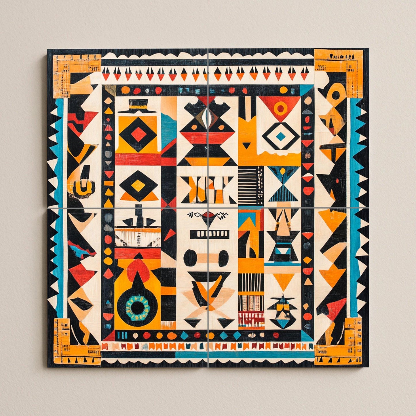 Brazilian indigenous ceramic mural: tribal artwork with geometric motifs and vibrant colors.