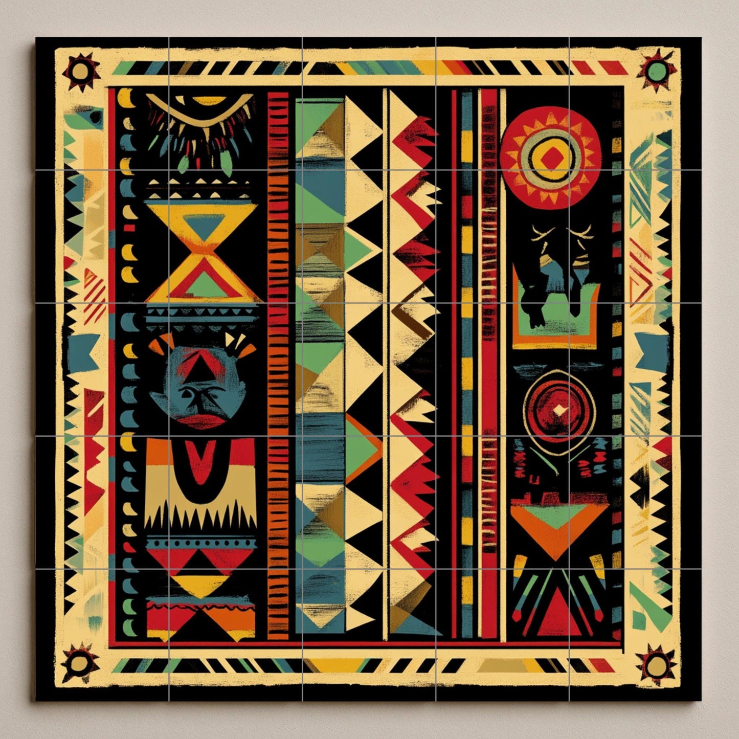 South American indigenous ceramic mural: tribal artwork with geometric motifs, solar symbols, ancestral motifs and vibrant colors.