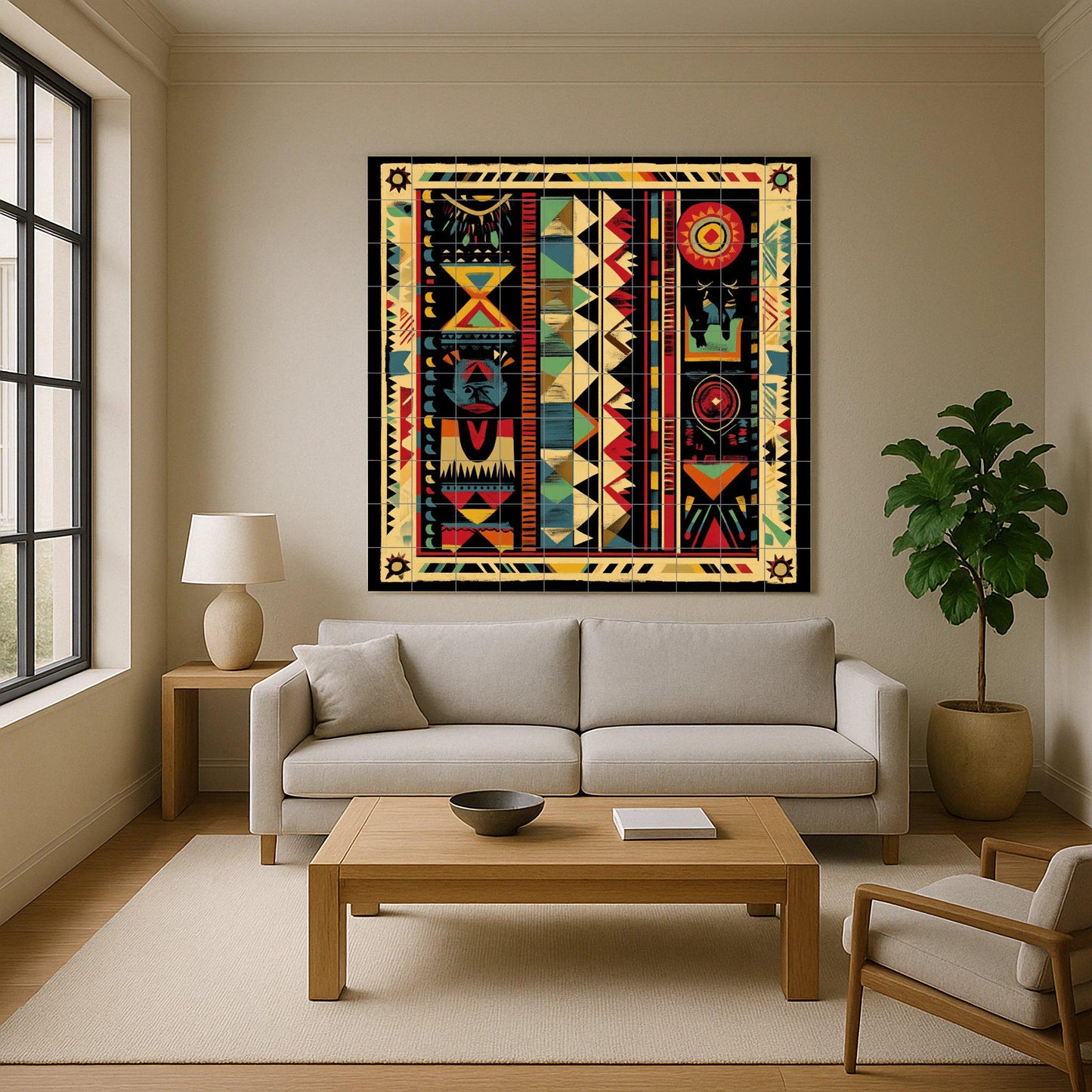 South American indigenous ceramic mural: tribal artwork with geometric motifs, solar symbols, ancestral motifs and vibrant colors.