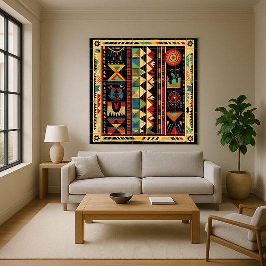 South American indigenous ceramic mural: tribal artwork with geometric motifs, solar symbols, ancestral motifs and vibrant colors.