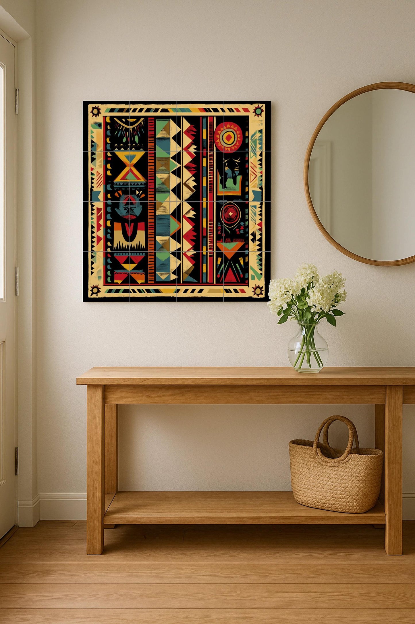 South American indigenous ceramic mural: tribal artwork with geometric motifs, solar symbols, ancestral motifs and vibrant colors.