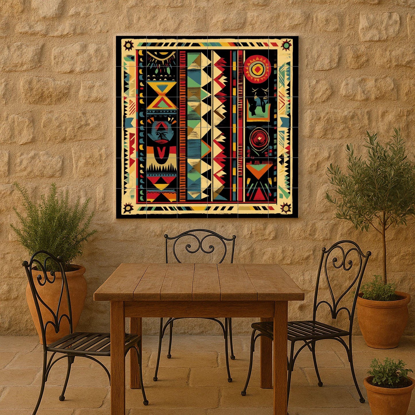 South American indigenous ceramic mural: tribal artwork with geometric motifs, solar symbols, ancestral motifs and vibrant colors.