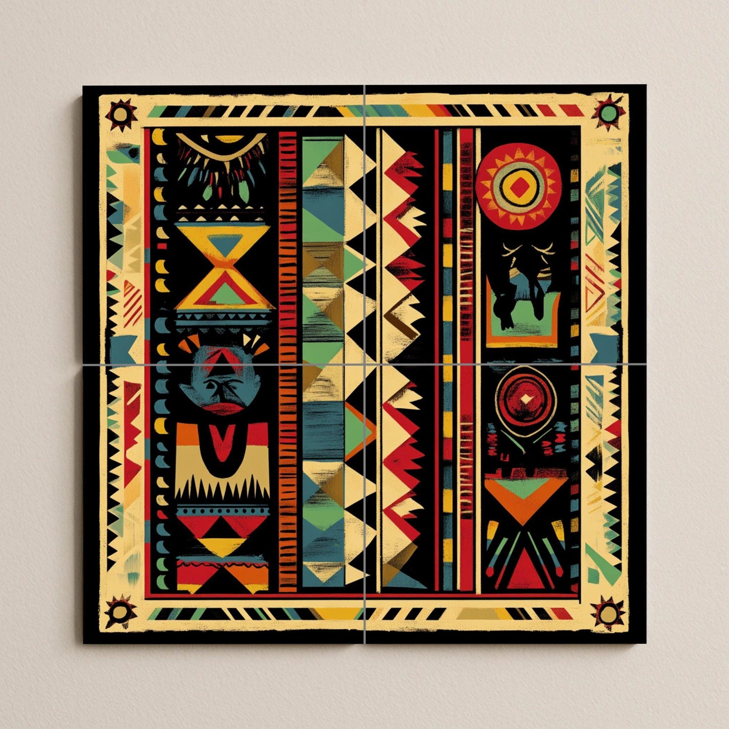 South American indigenous ceramic mural: tribal artwork with geometric motifs, solar symbols, ancestral motifs and vibrant colors.