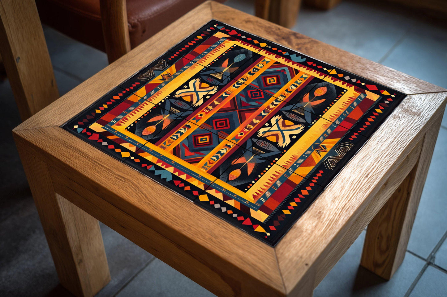 Brazilian indigenous ceramic mural: geometric tribal artwork with body paint symbols, earthy and vibrant colors, and ancestral decoration.