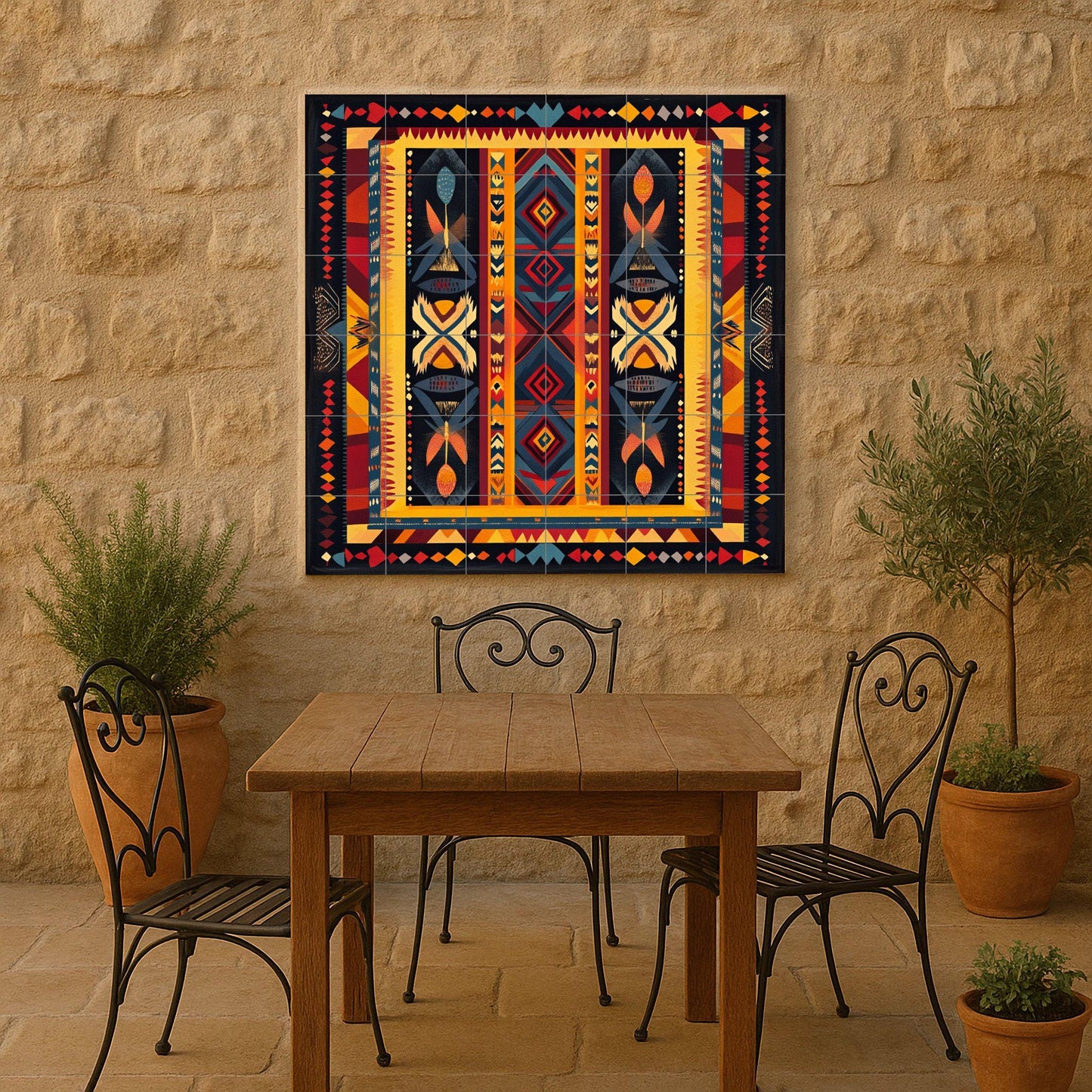 Brazilian indigenous ceramic mural: geometric tribal artwork with body paint symbols, earthy and vibrant colors, and ancestral decoration.