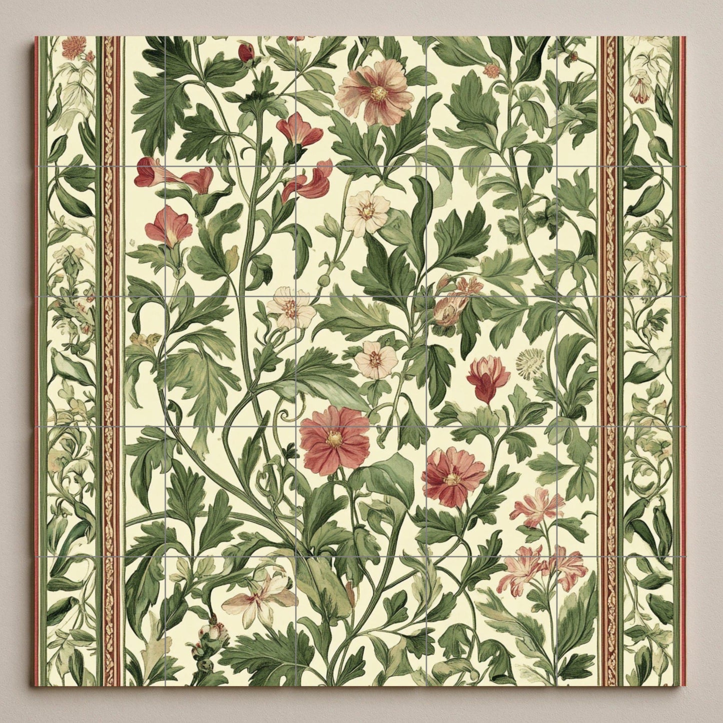 Arts and Crafts ceramic mural: floral tile artwork inspired by William Morris with green foliage, red flowers and classic, elegant decoration.